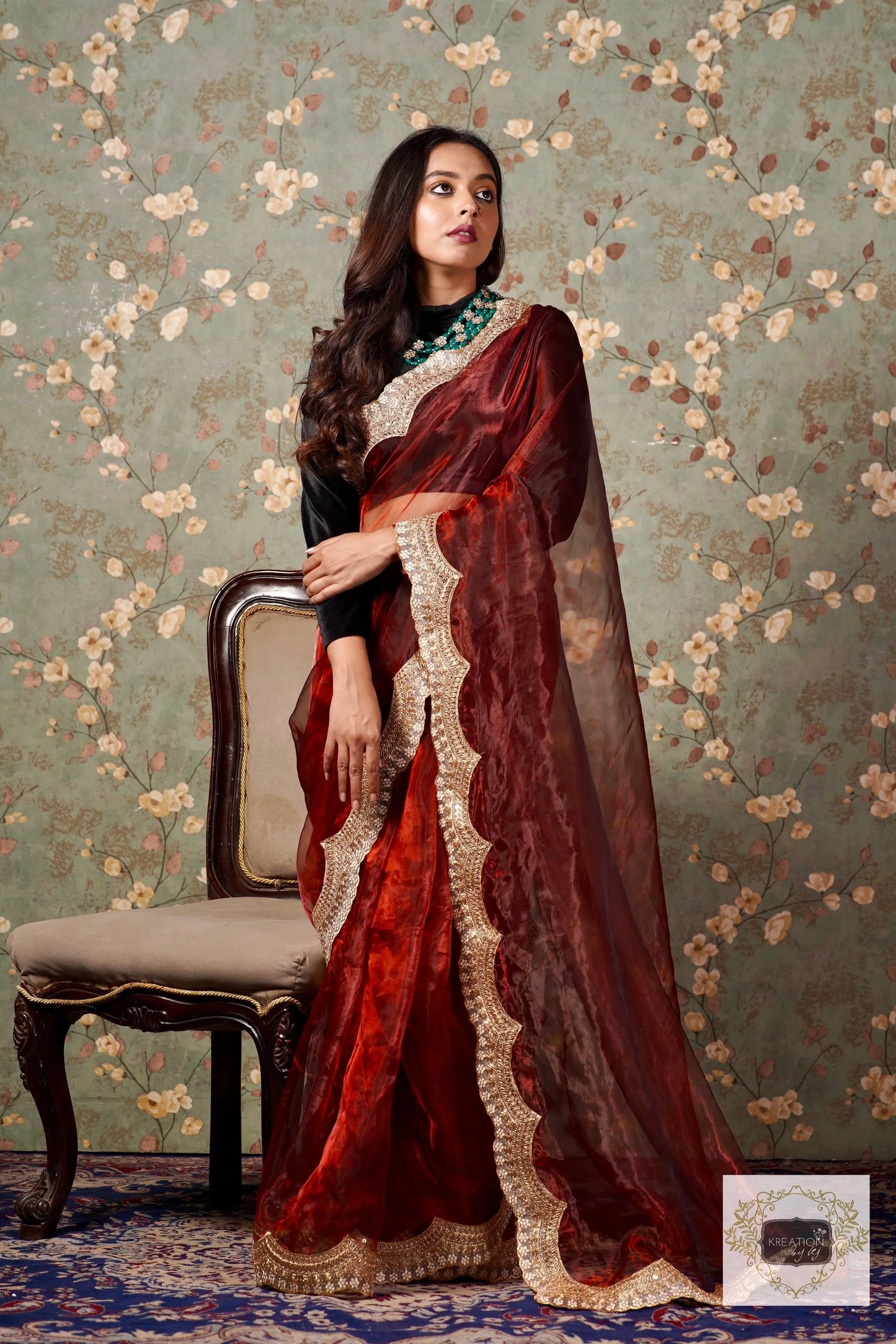 Maroon Glass Tissue with Golden  Border Saree kreationbykj