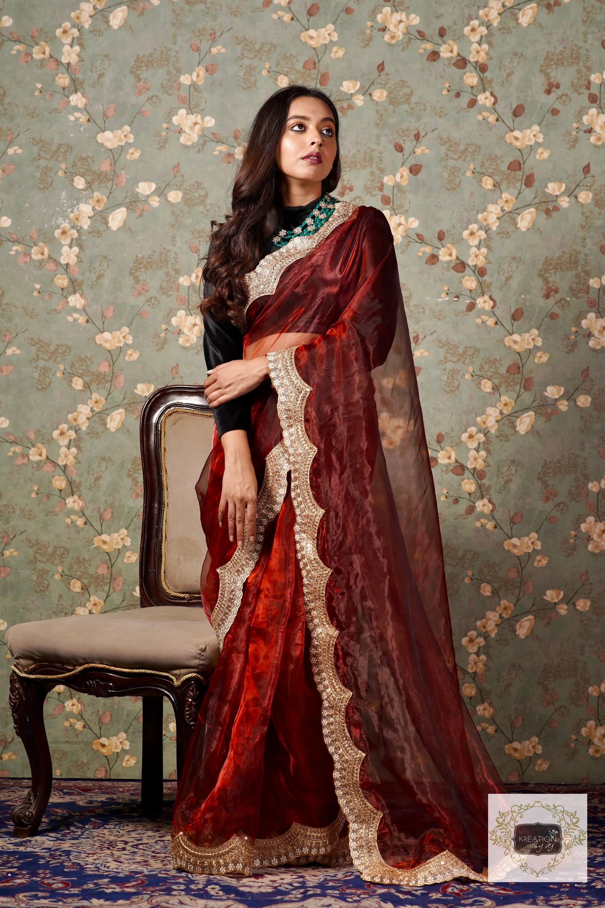 Maroon Glass Tissue with Golden  Border Saree kreationbykj
