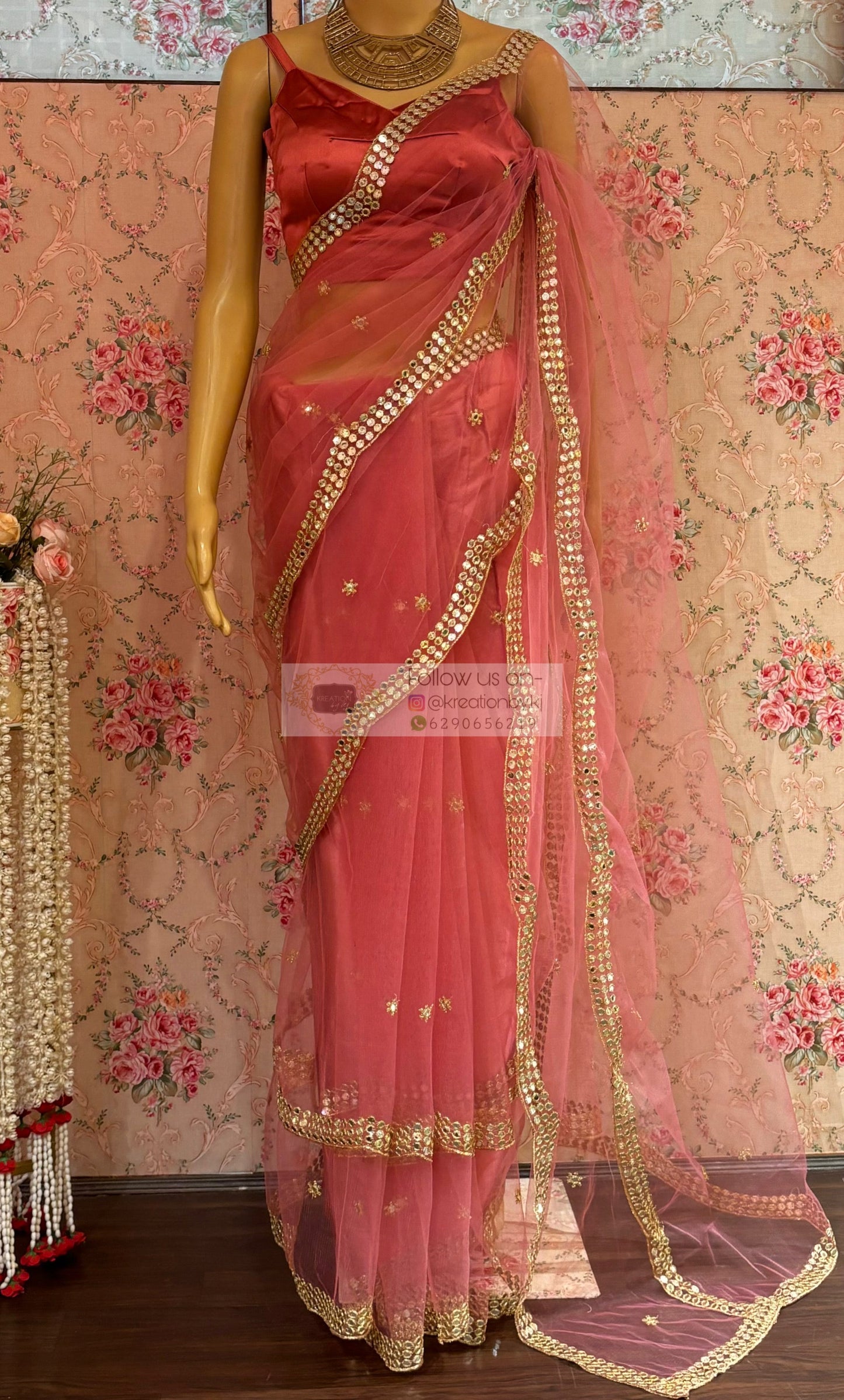 Pastel Pink Net Saree With Mirror Border kreationbykj