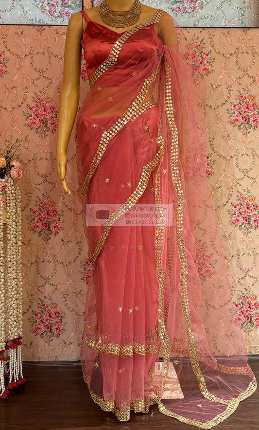 Pastel Pink Net Saree With Mirror Border kreationbykj