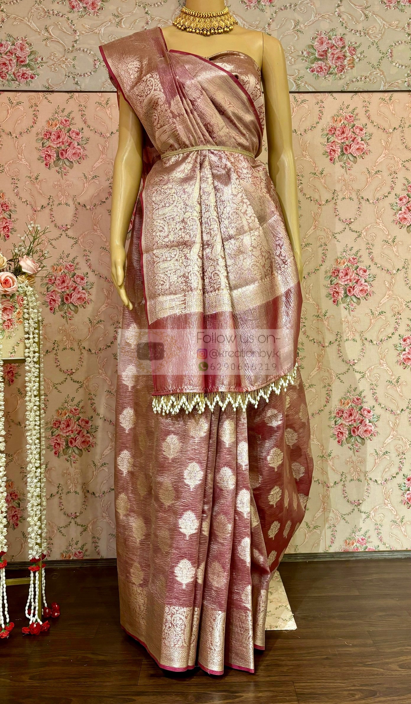 Dusty Mauve Banarasi Crushed Tissue Saree kreationbykj