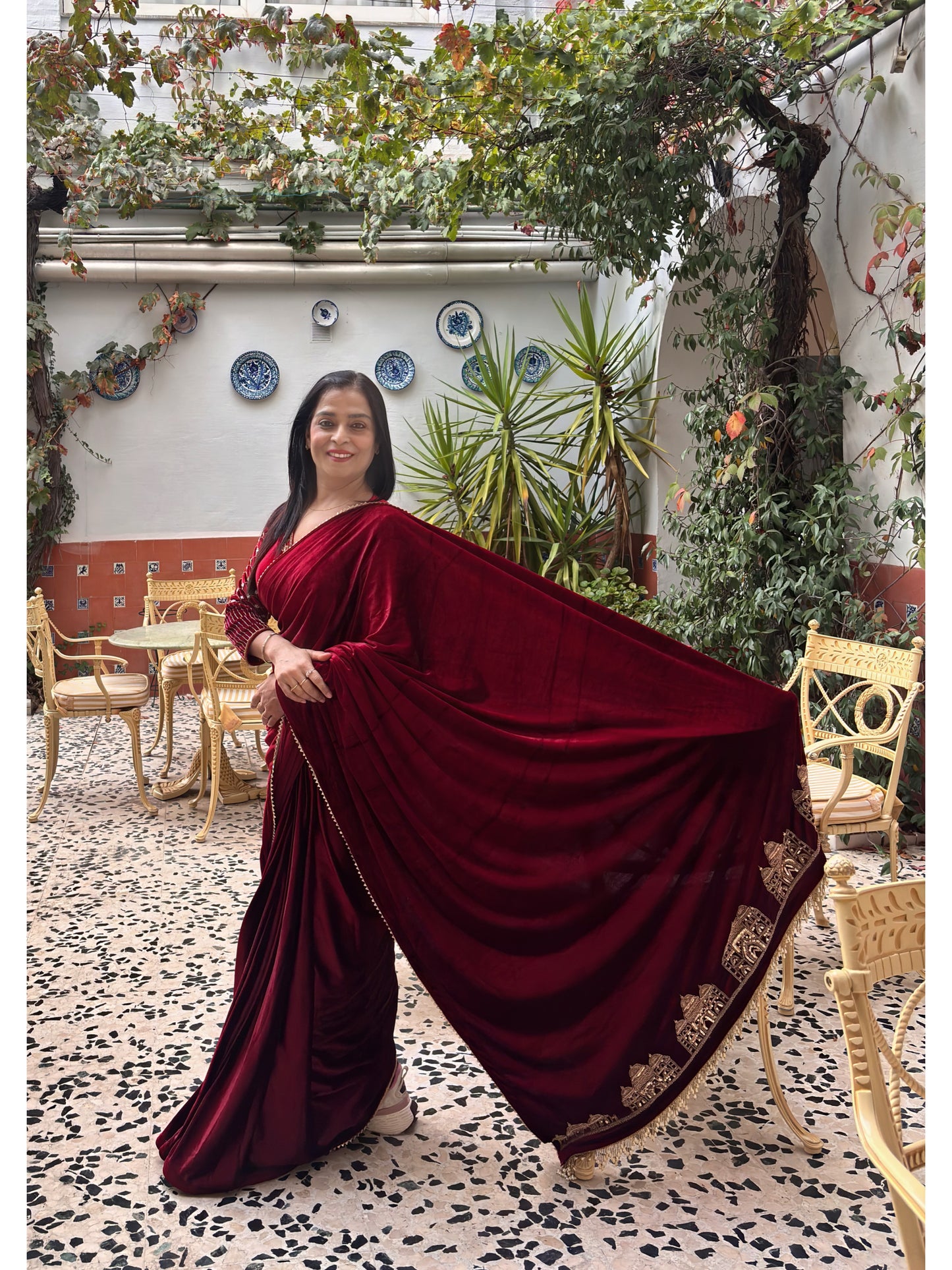 Maroon Velvet Taj Mahal Saree
