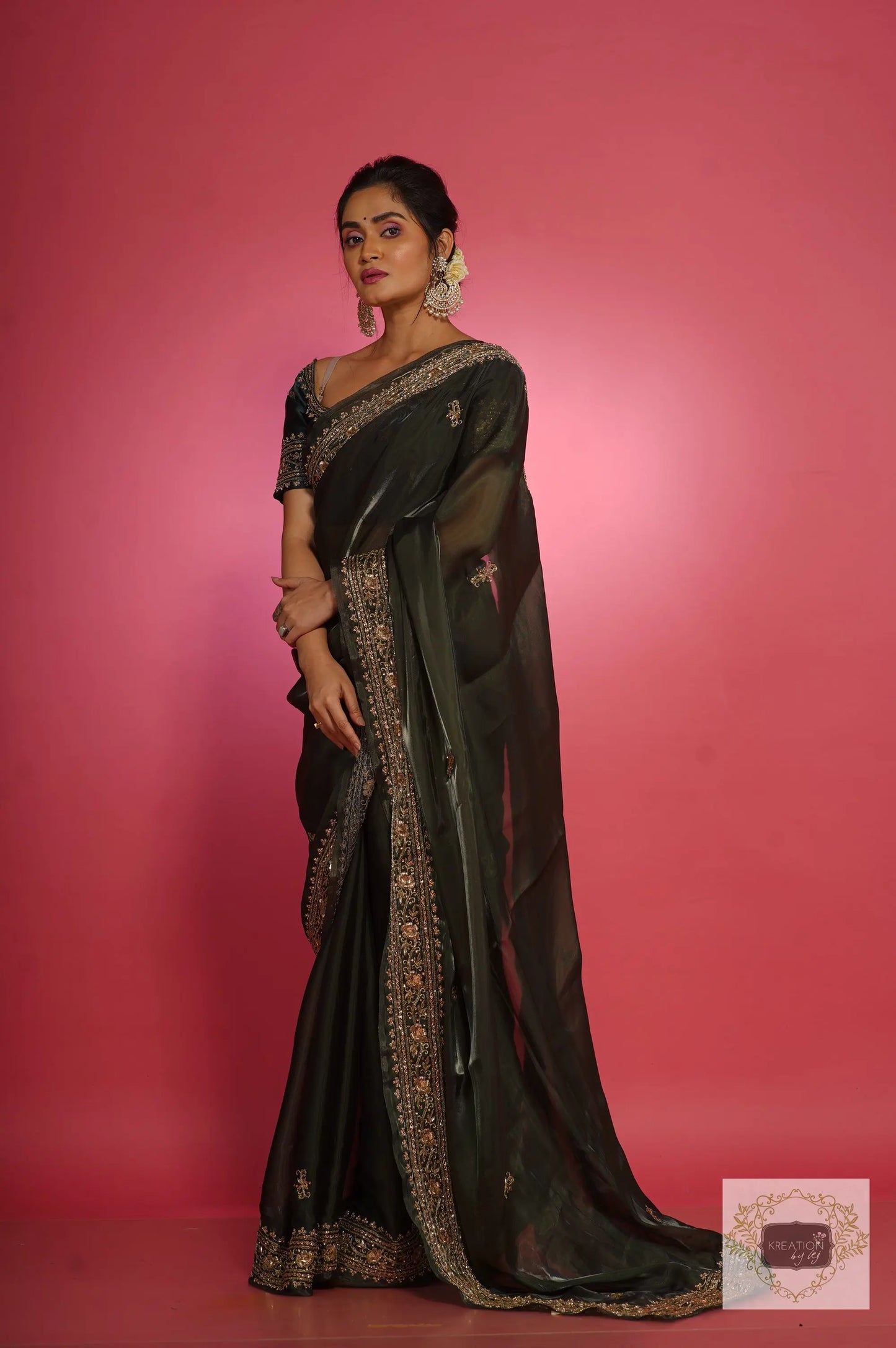 Dark Green Zarina Glassy Organza Saree kreationbykj