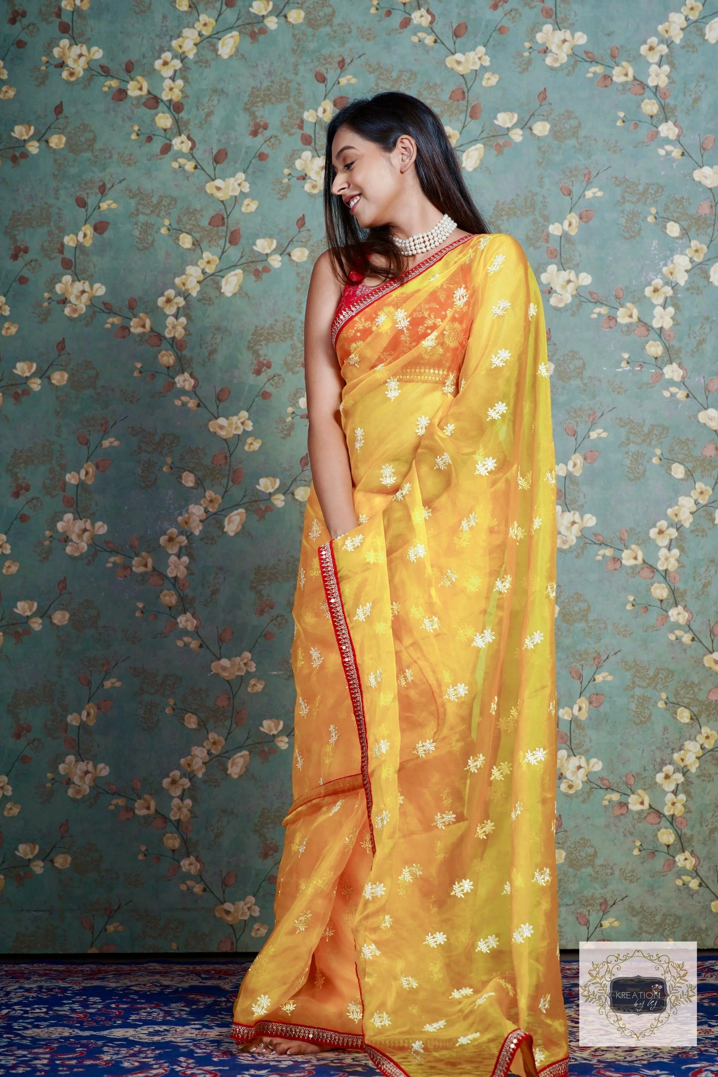 Yellow Snow Drop Organza saree For Haldi kreationbykj