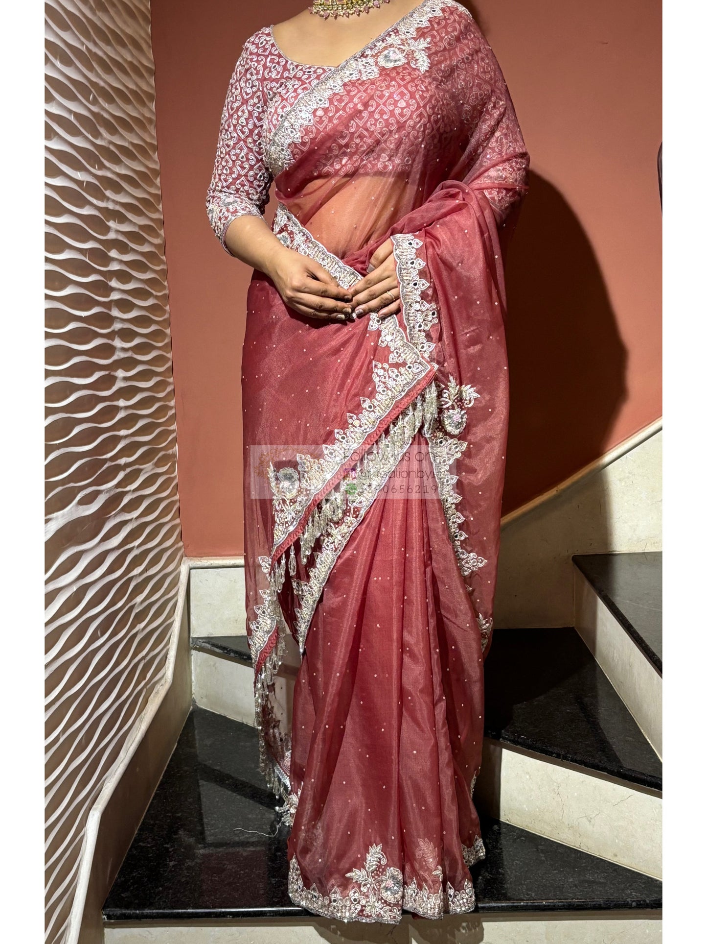 Salmon Pink Hand-embroidered Saree kreationbykj