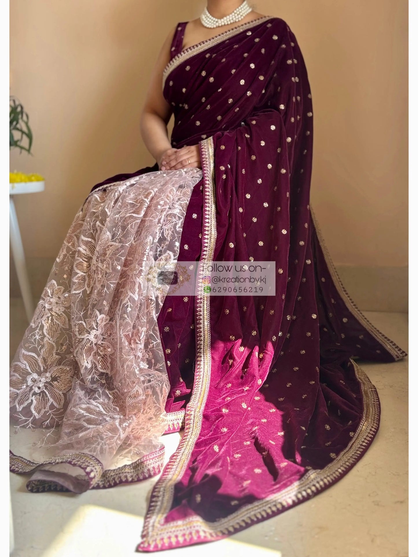 Purple Wine Velvet And Net Embellished Saree Kreation by KJ