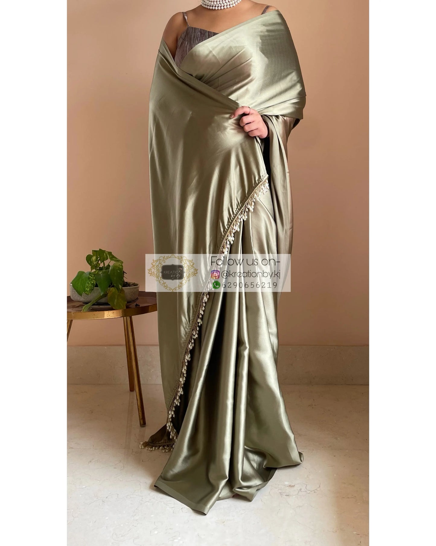 Ash Green Satin Silk Saree with Handmade Tassels on Pallu kreationbykj