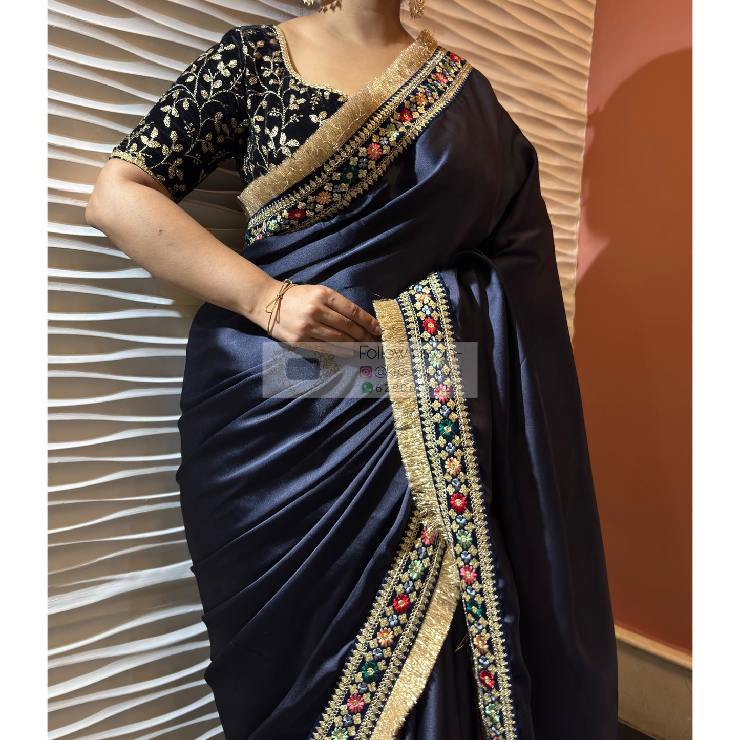 Navy Blue Satin Silk Floral Banno Saree kreationbykj