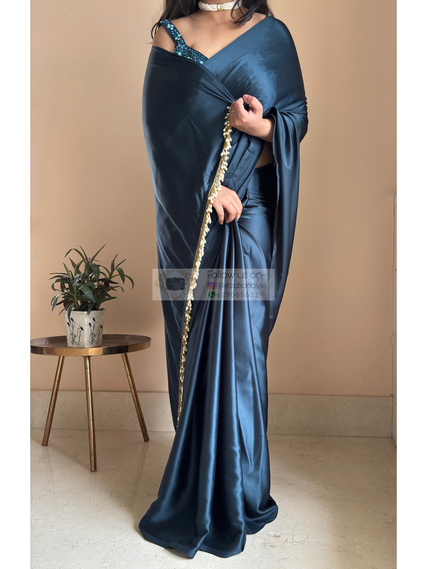 Midnight Blue Satin Silk Saree With Handmade Tassels On Pallu kreationbykj