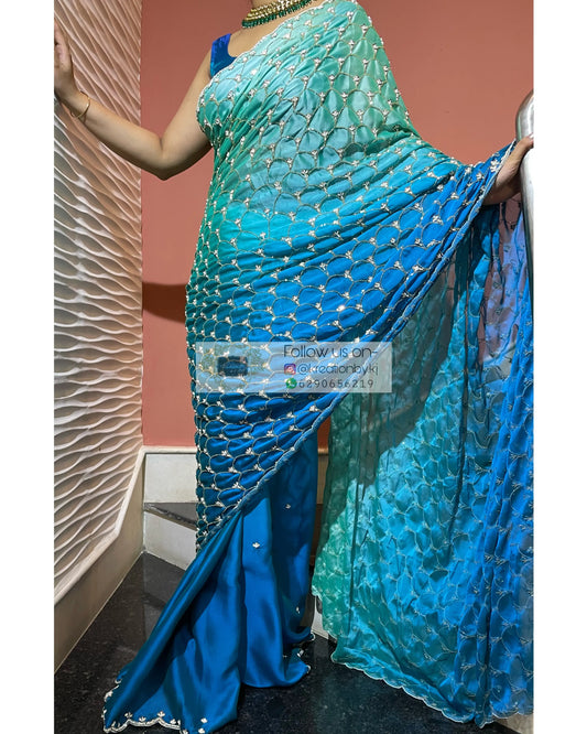 Ocean Mist Ombré Cutdana Mehraab Jaal Saree kreationbykj