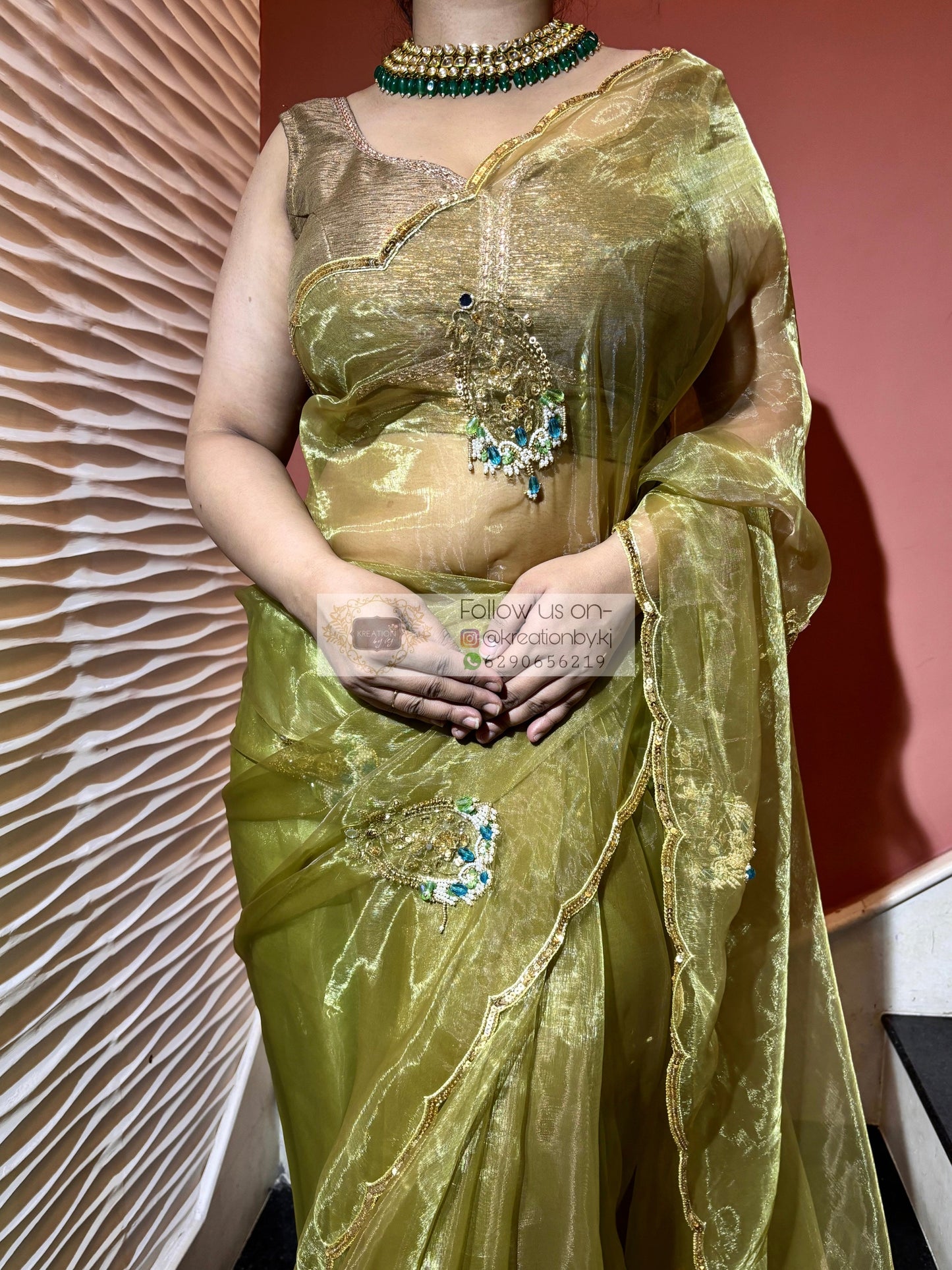 Scent of Yesterday Pista Green Glass Tissue Saree Kreation by KJ