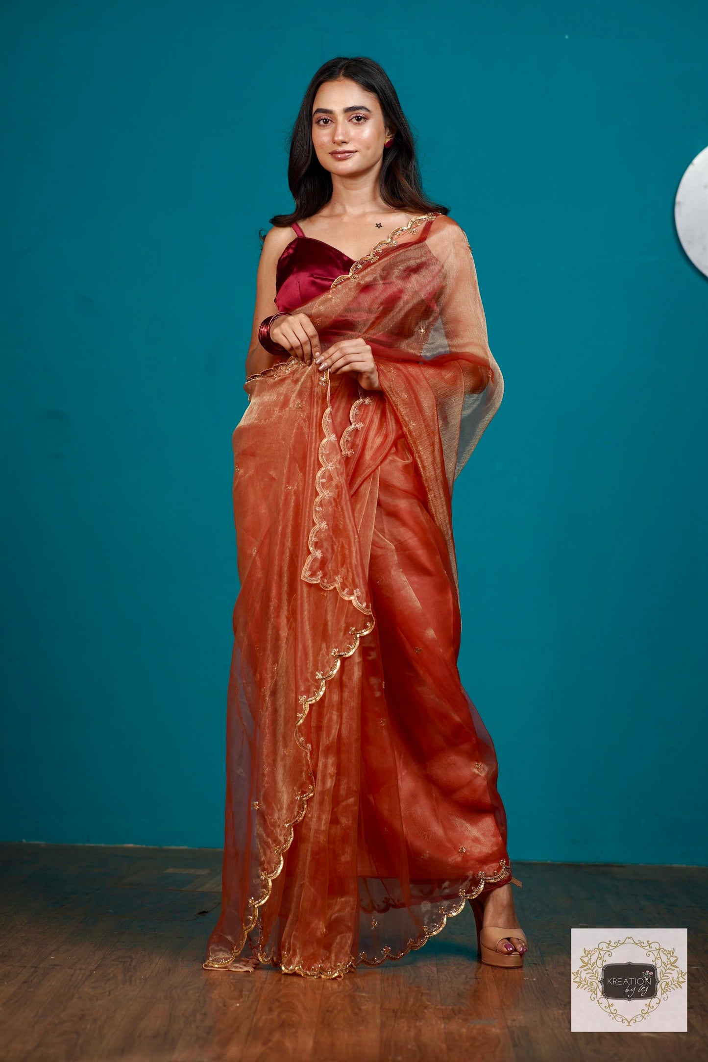 Marigold Glass Tissue Sequin Piyali Saree kreationbykj