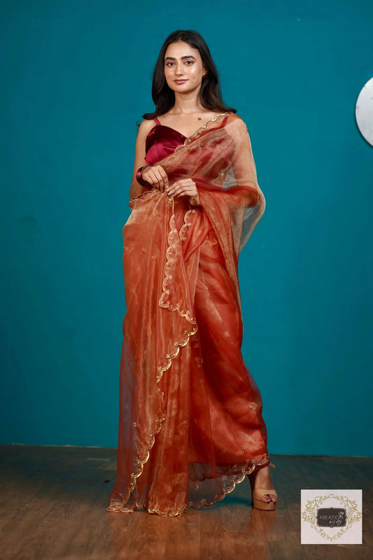 Marigold Glass Tissue Sequin Piyali Saree kreationbykj