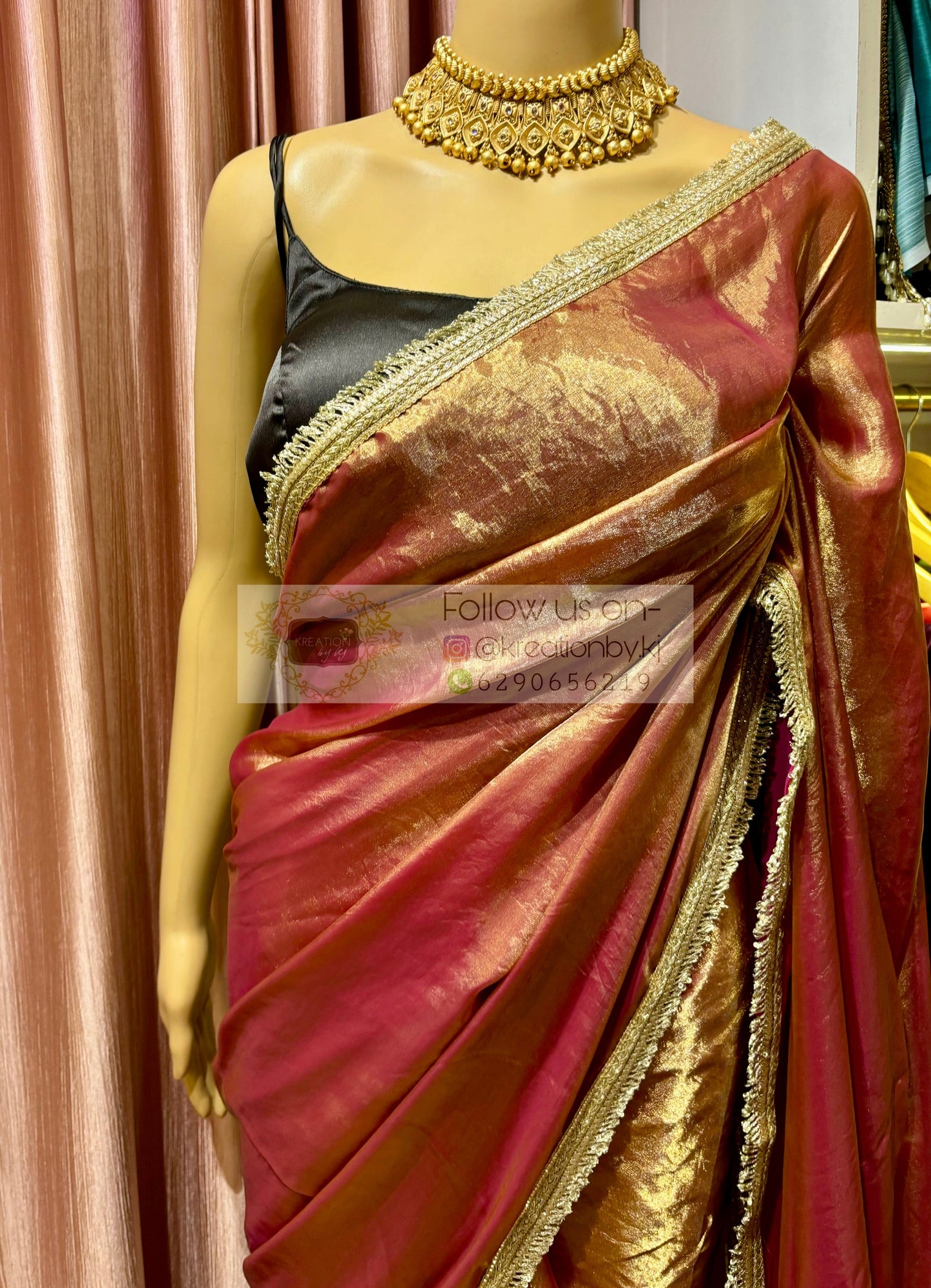 Hot Pink Metallic Shimmer Satin Banno Saree kreationbykj