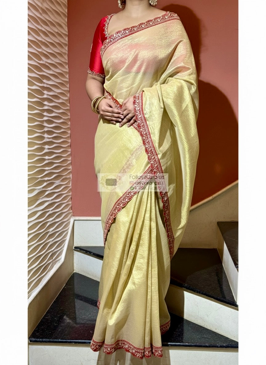 Golden Beige Crushed Tissue Saree with Red Border kreationbykj