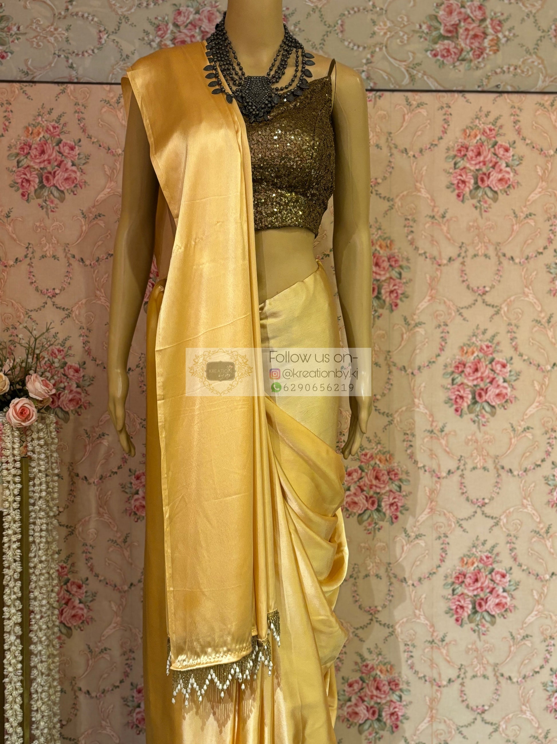 Yellow Cream Satin Silk Saree with Handmade Tassels on Pallu kreationbykj