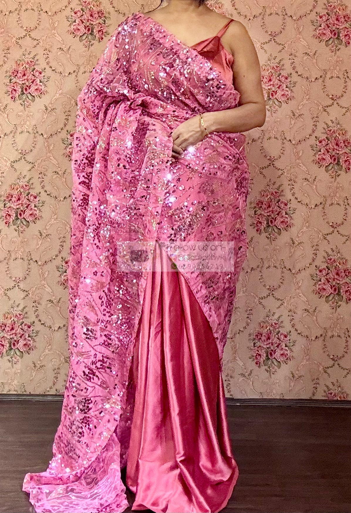 Pink Mermaid Sequin Partywear Saree kreationbykj