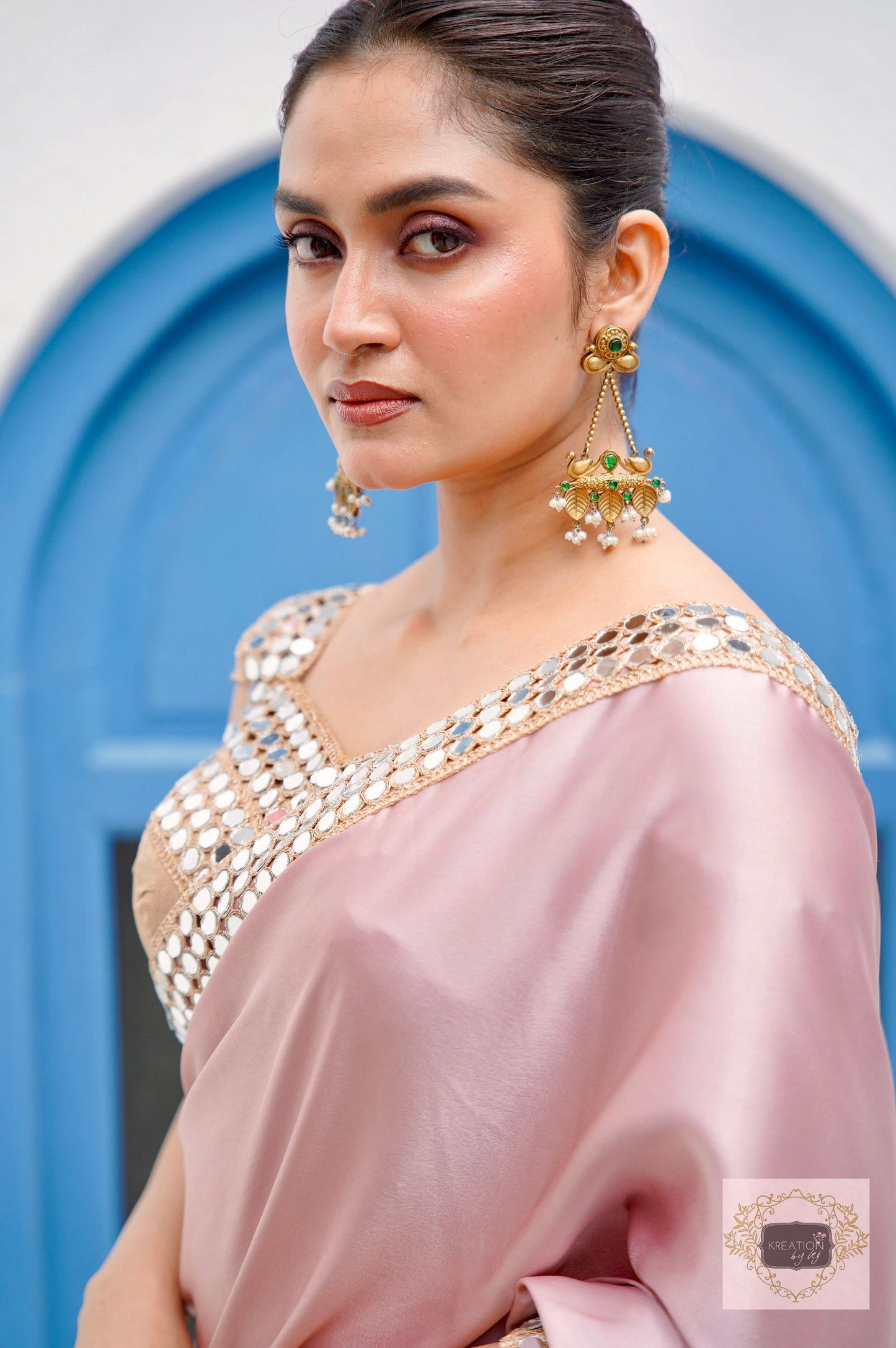 Lilac Satin Silk Saree with Cut Mirror work Lace kreationbykj