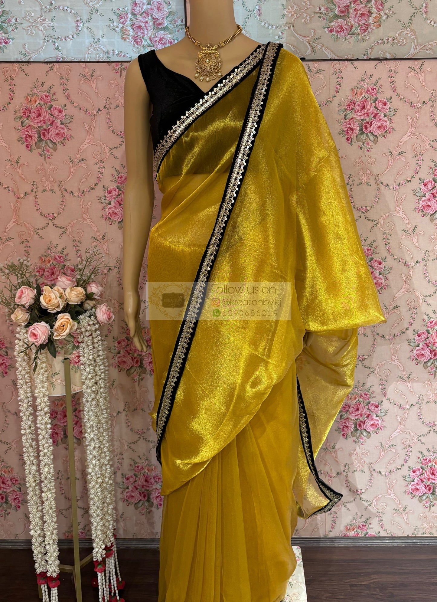 Golden Yellow Zari Tissue Cocktail Saree kreationbykj
