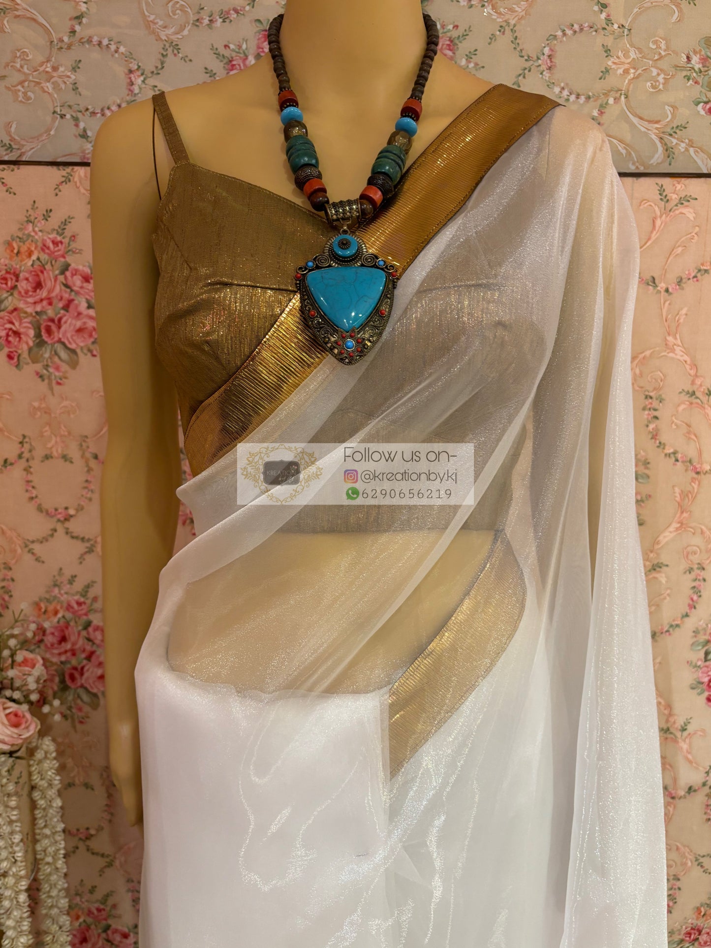 White Organza Saree with Gota Border kreationbykj