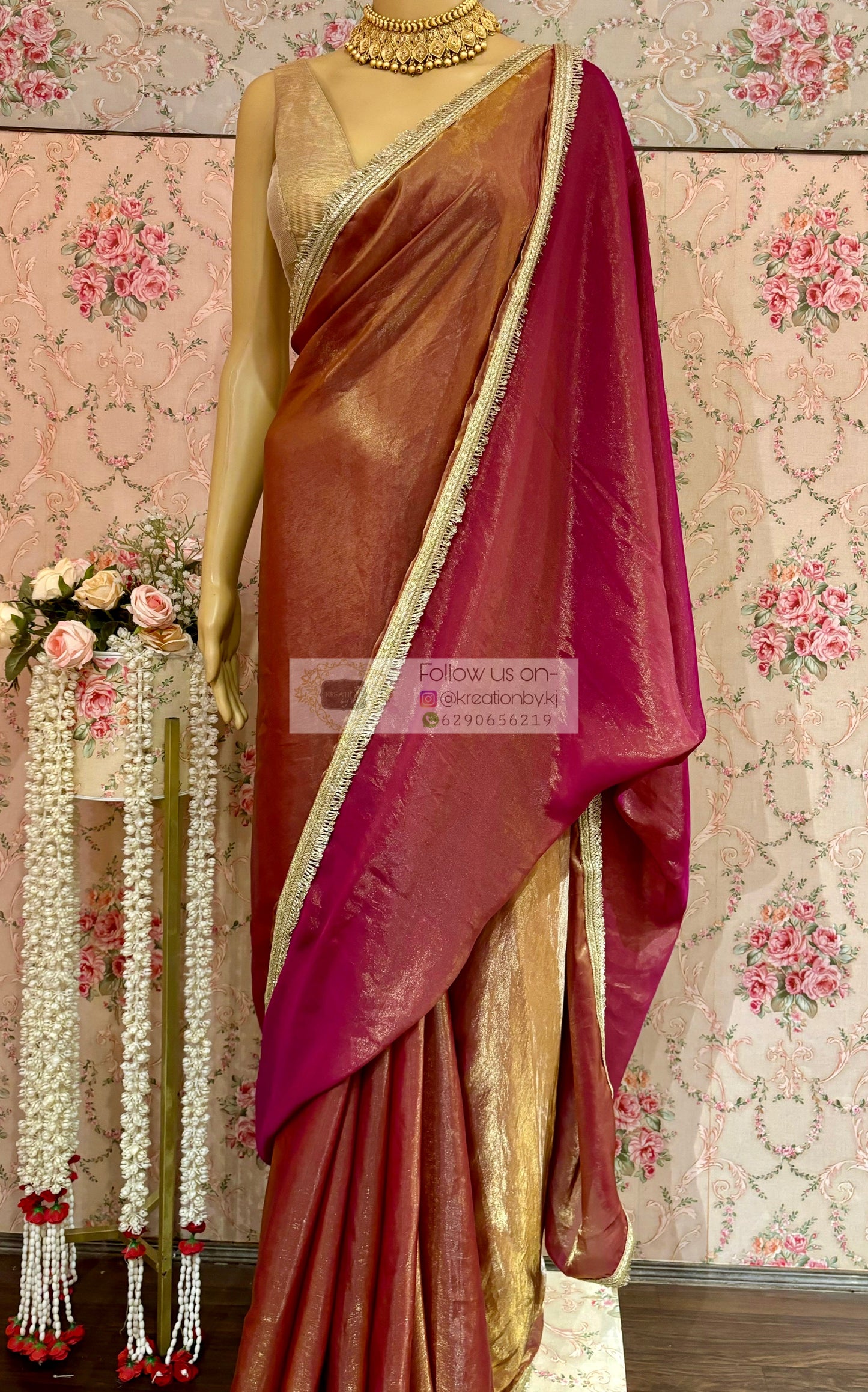 Hot Pink Metallic Shimmer Satin Banno Saree kreationbykj