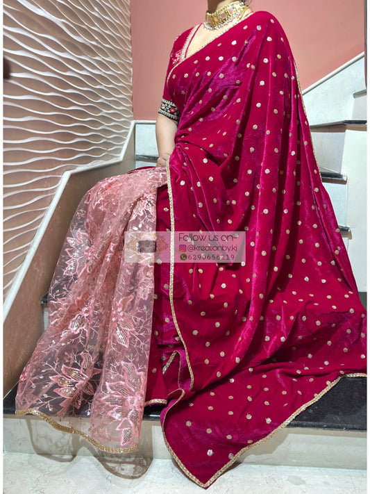 Half Magenta Pink Velvet And Net Embellished Saree Kreation by KJ
