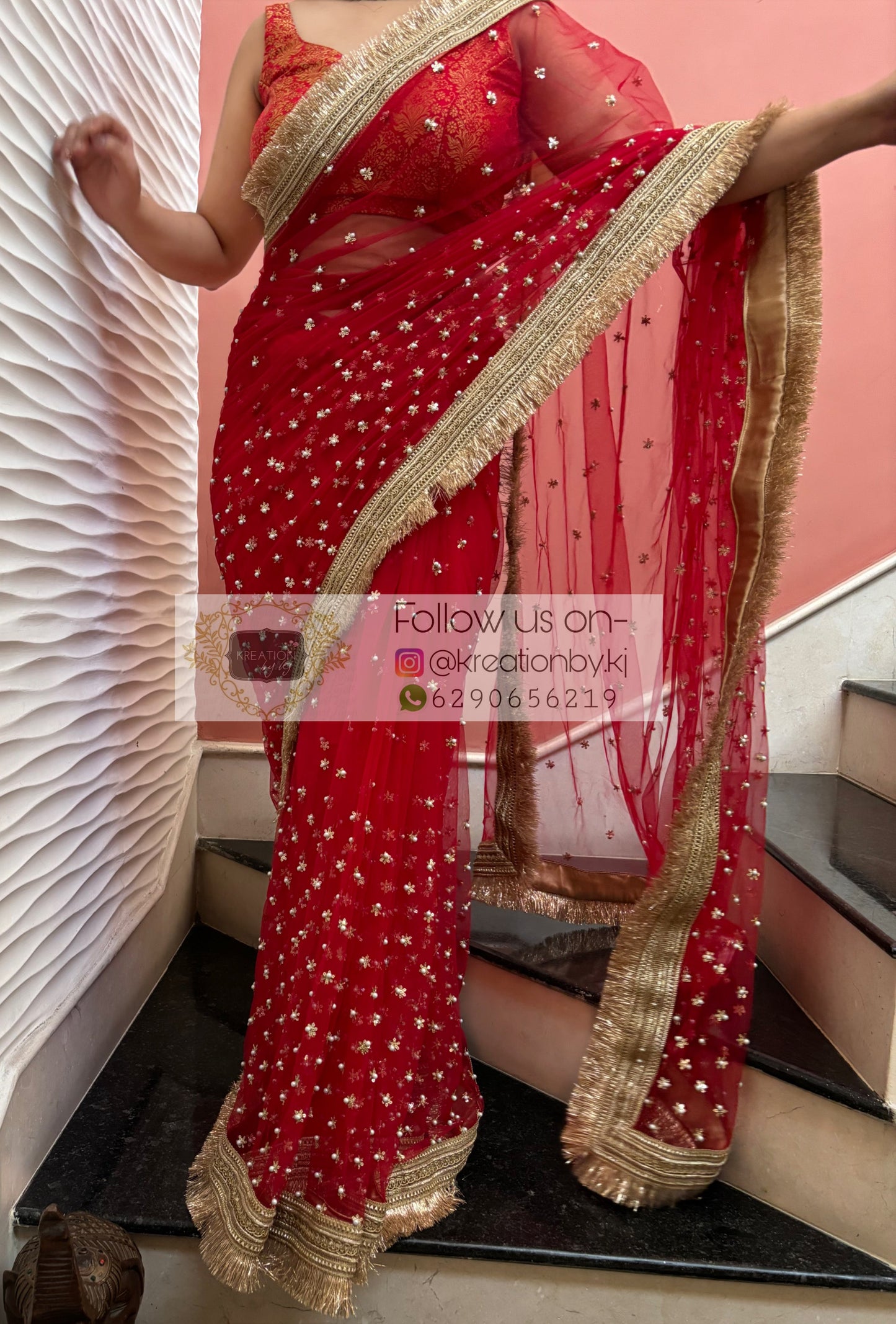 Red Jugnoo Banno Embellished Net Saree kreationbykj