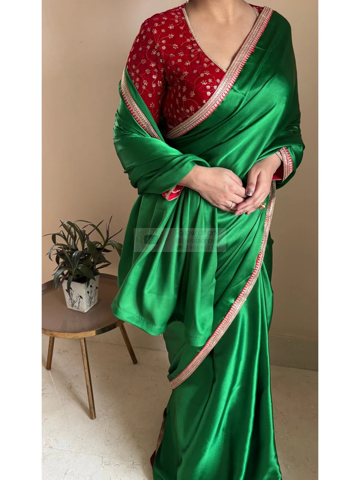 Green Satin Silk Saree with Red Border - kreationbykj