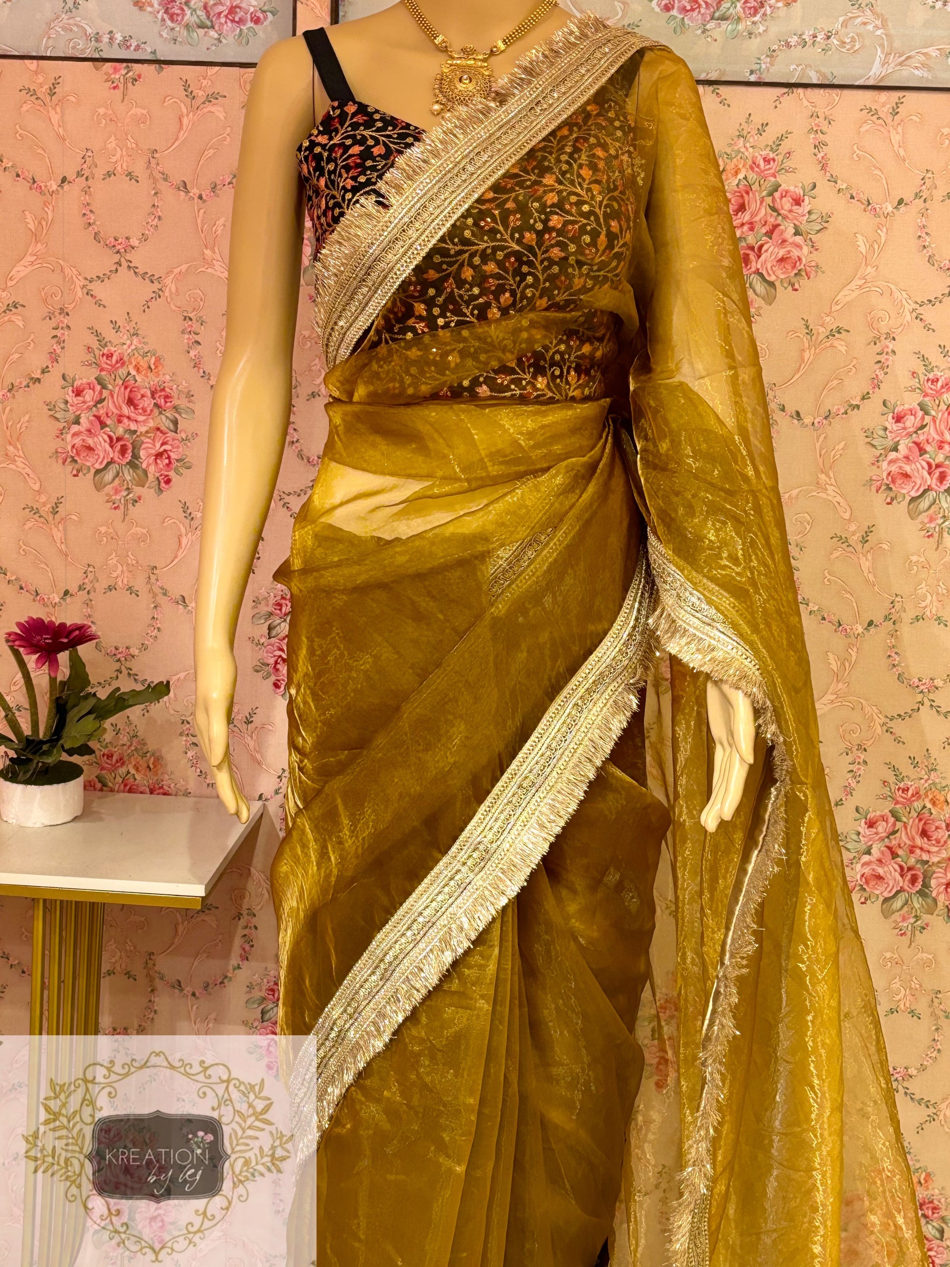 Amber Gold Glass Tissue Banno Saree kreationbykj