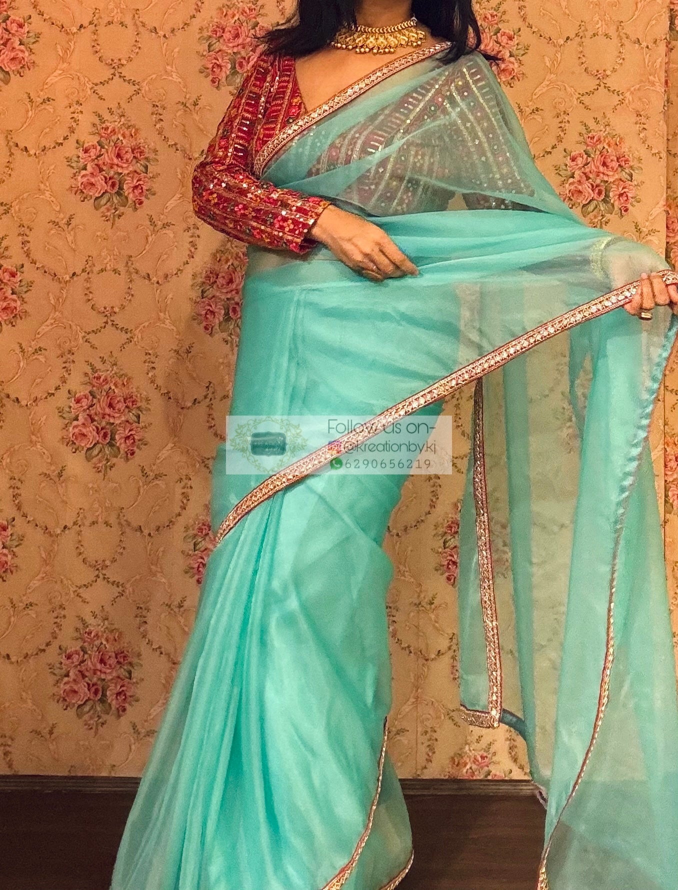 Aqua Blue Organza Saree With Red Cutdana Border kreationbykj