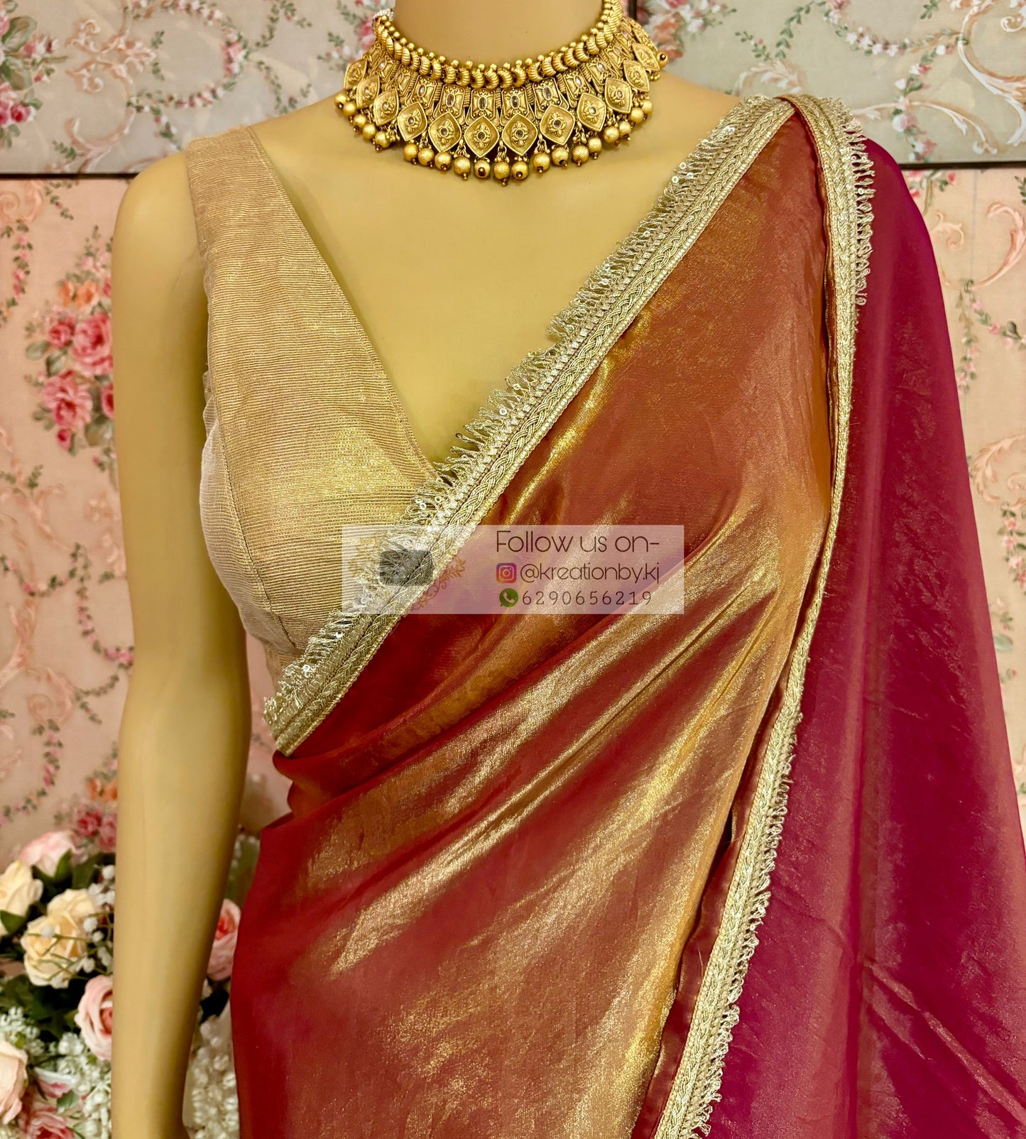 Hot Pink Metallic Shimmer Satin Banno Saree kreationbykj