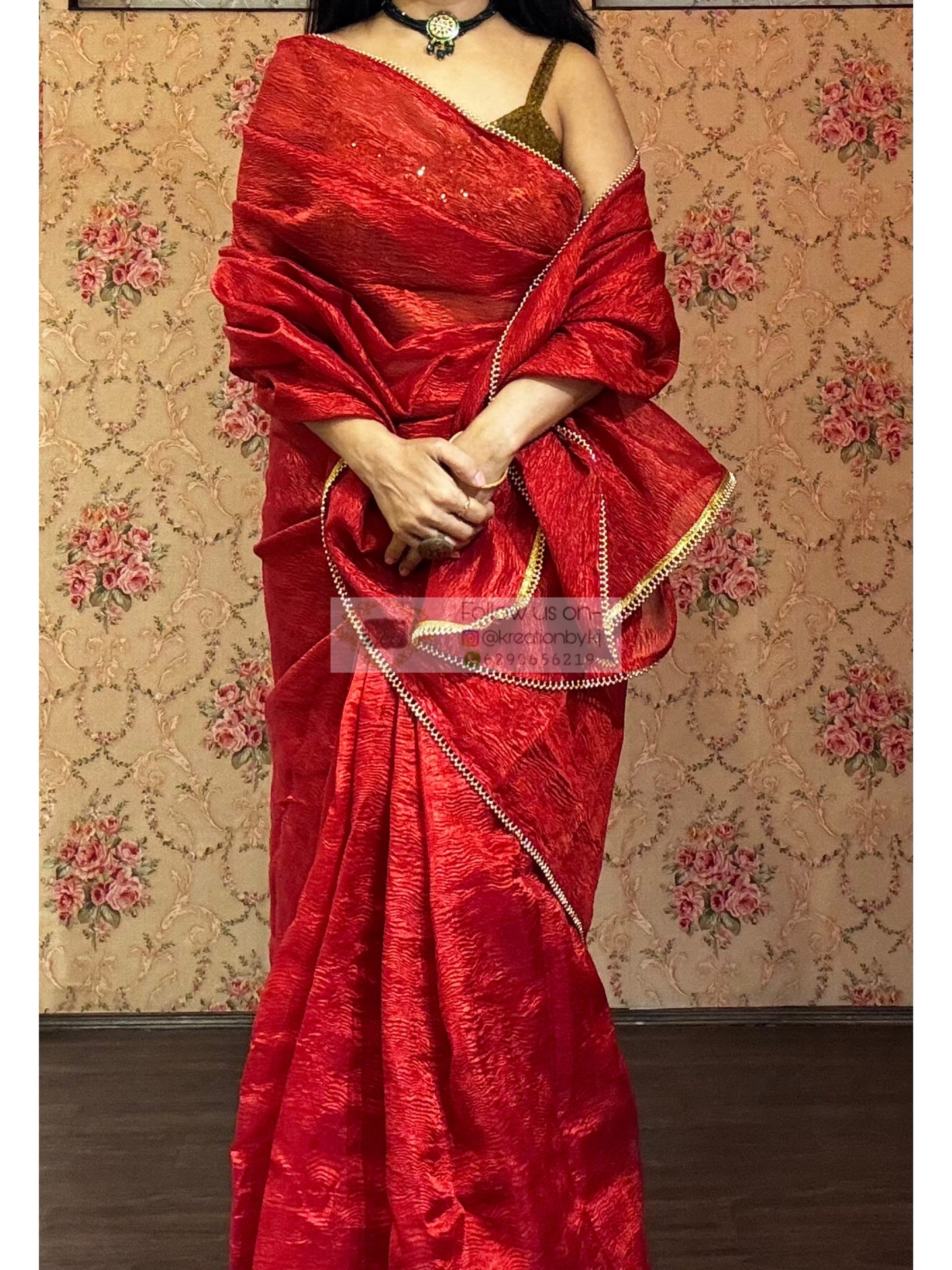Red Crushed Tissue Saree with Golden Border kreationbykj