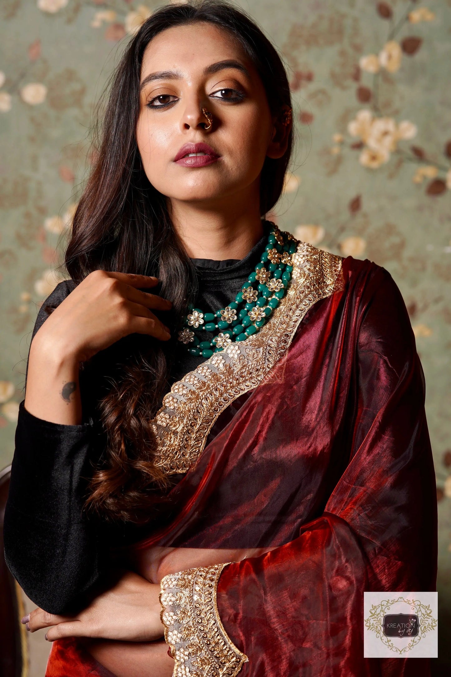 Maroon Glass Tissue with Golden  Border Saree kreationbykj