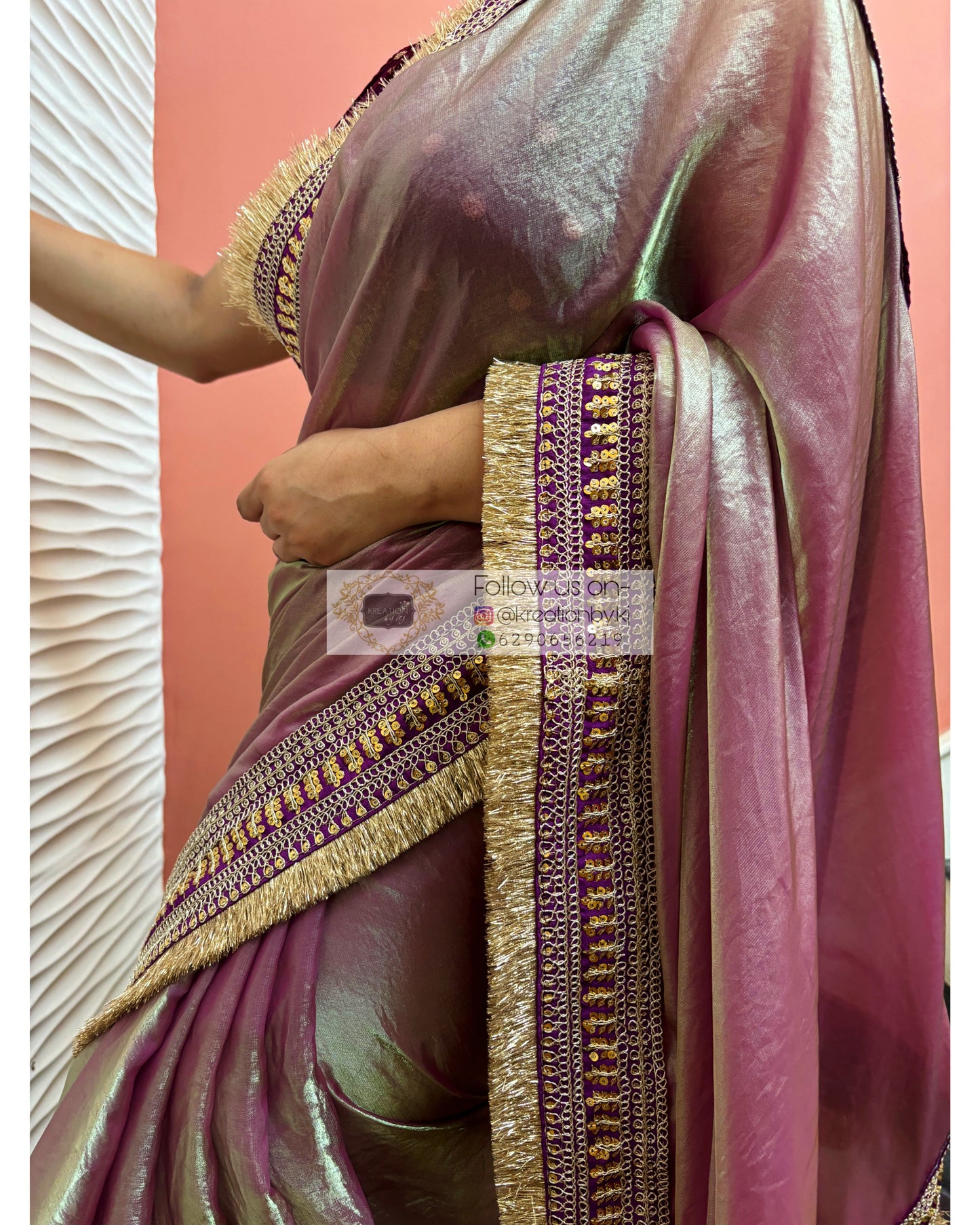 Mauve Metallic Shimmer Satin Banno Saree kreationbykj