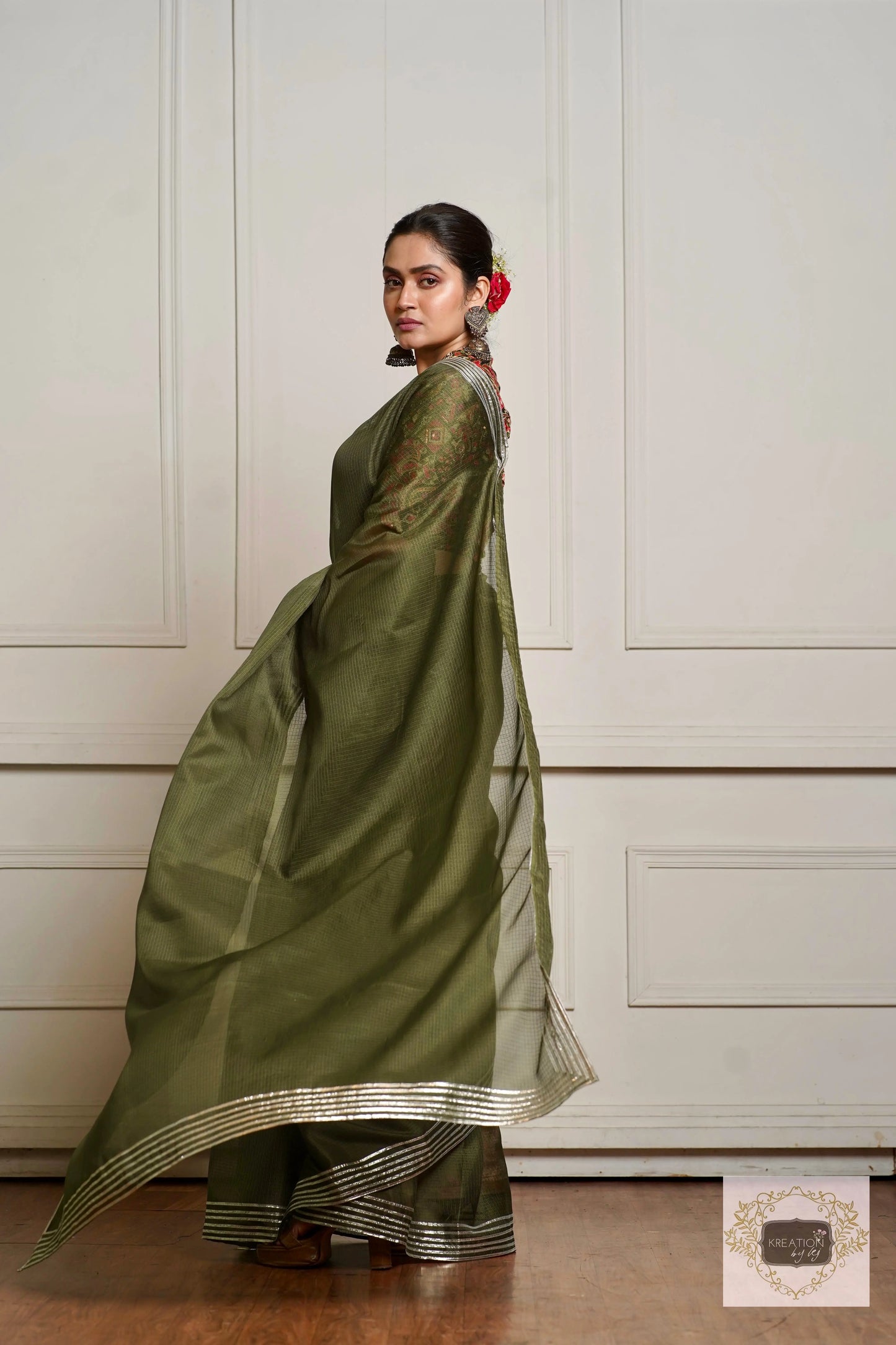 Olive Green Kota Silver Lining Saree With Gota Border kreationbykj