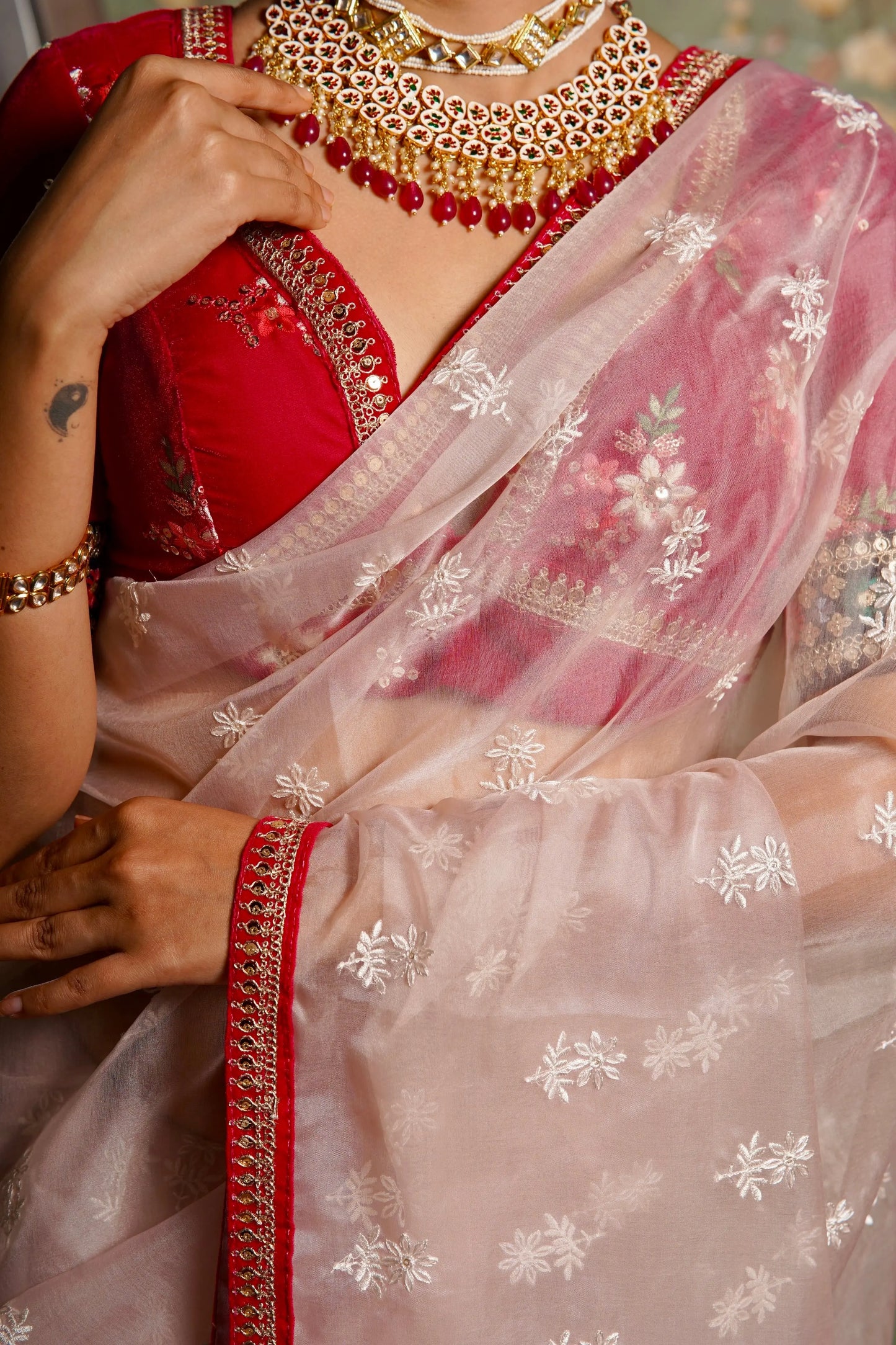 Blush Pink Organza Saree with Rani Pink Border kreationbykj