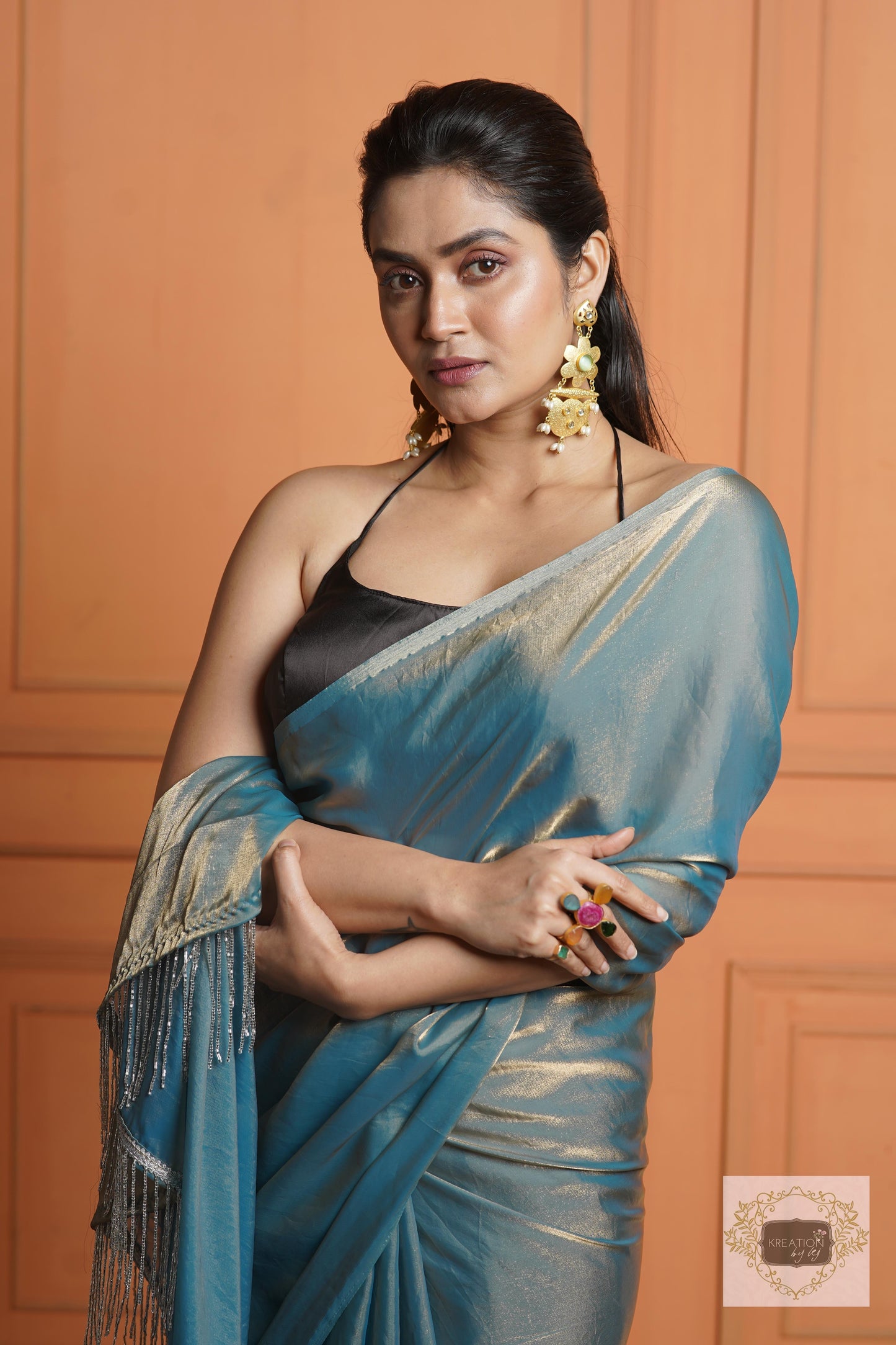 Teal Blue Metallic Shimmer Satin Saree kreationbykj