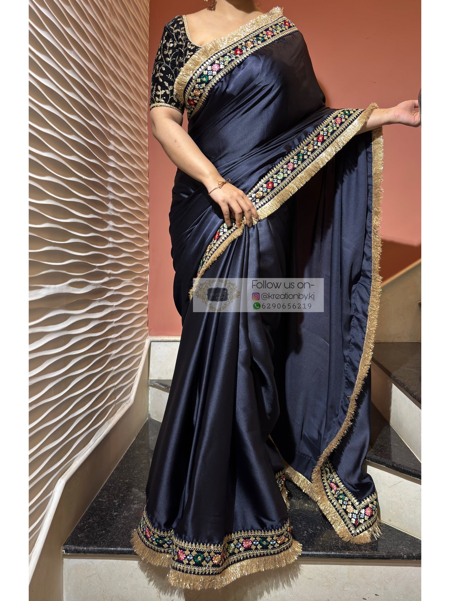 Navy Blue Satin Silk Floral Banno Saree kreationbykj