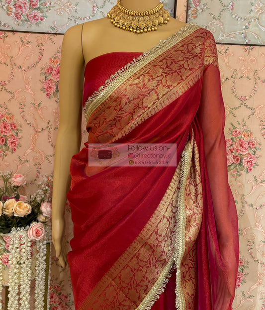 Cherry Red Designer Tissue Silk Banarasi Saree kreationbykj