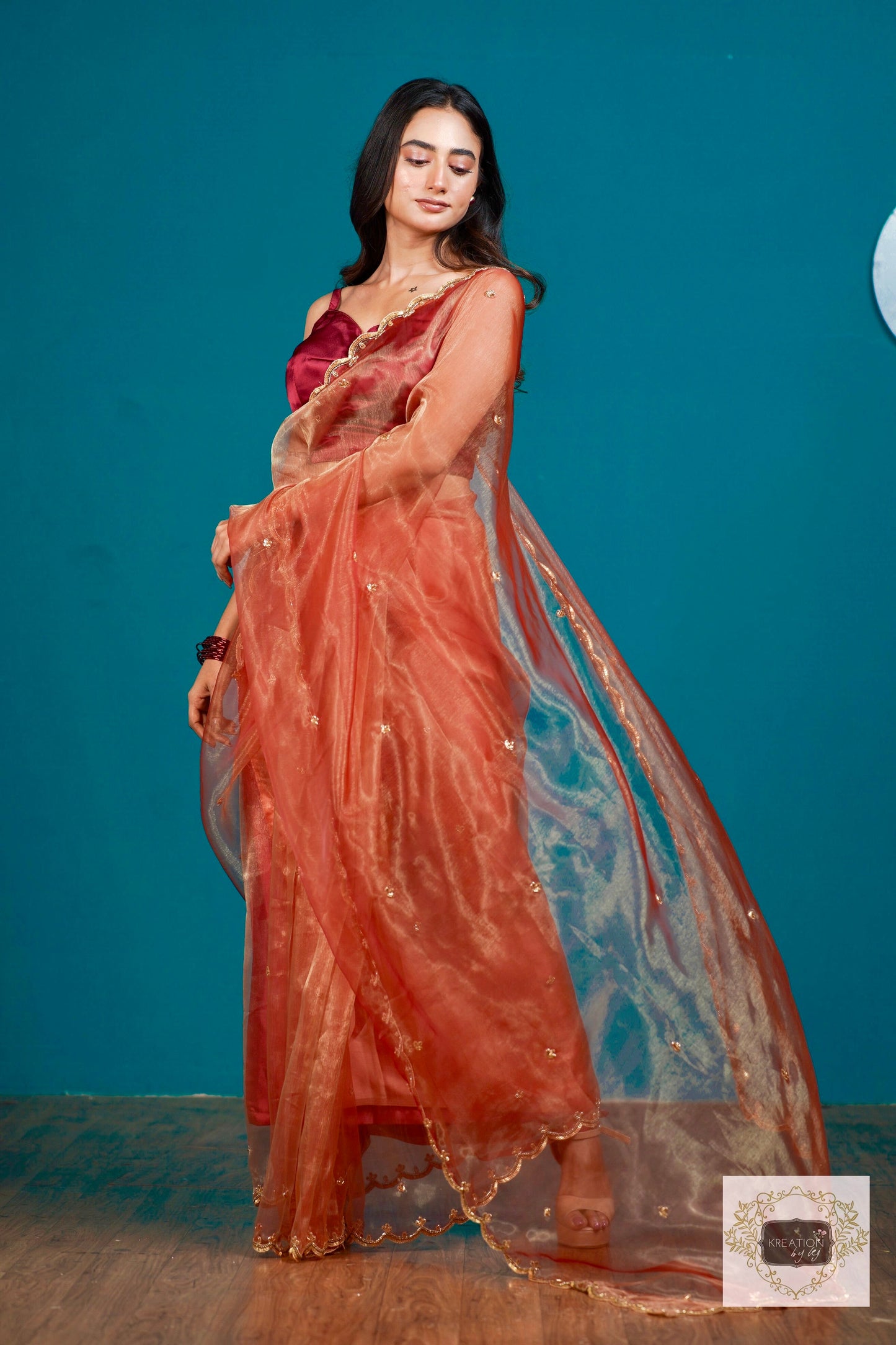 Marigold Glass Tissue Sequin Piyali Saree kreationbykj