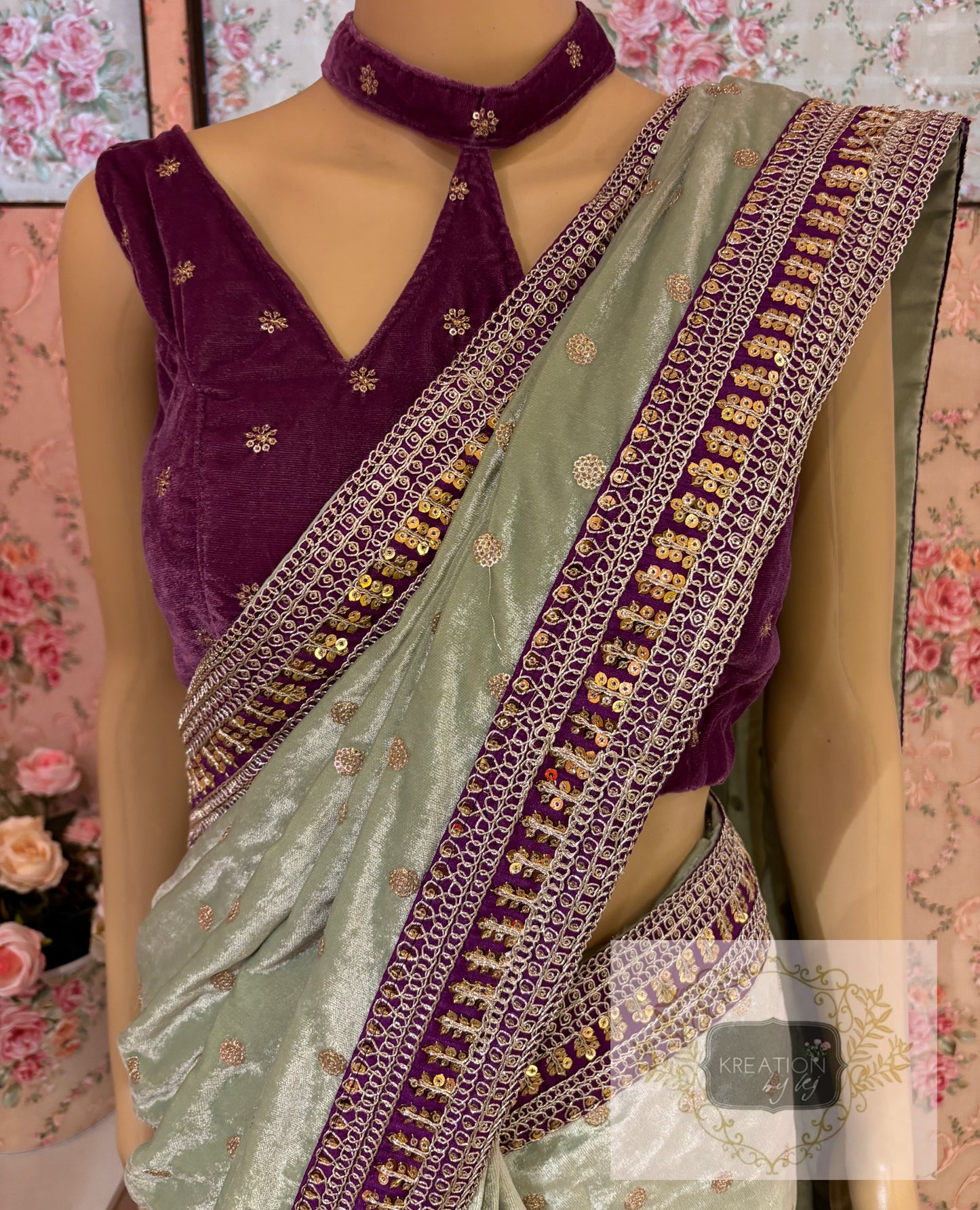 Sage Green Velvet Saree With Border kreationbykj