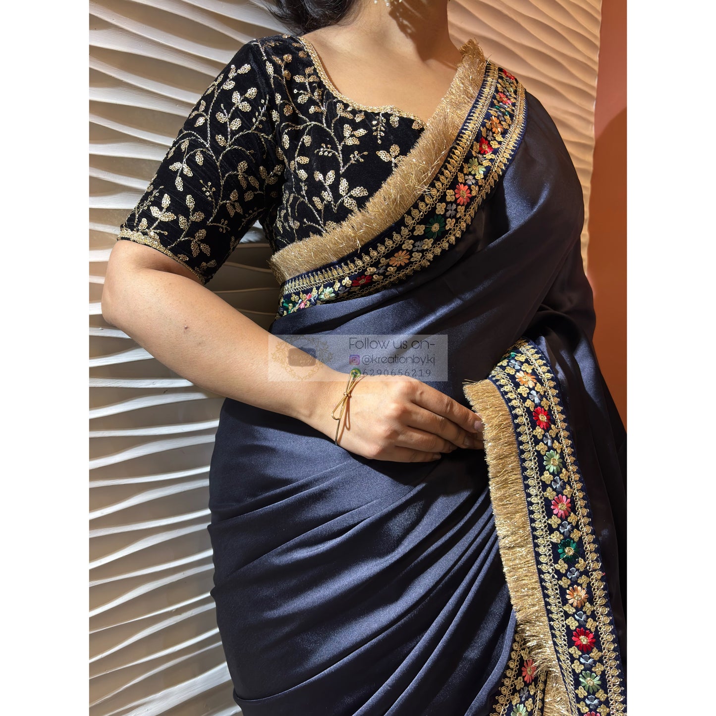 Navy Blue Satin Silk Floral Banno Saree kreationbykj