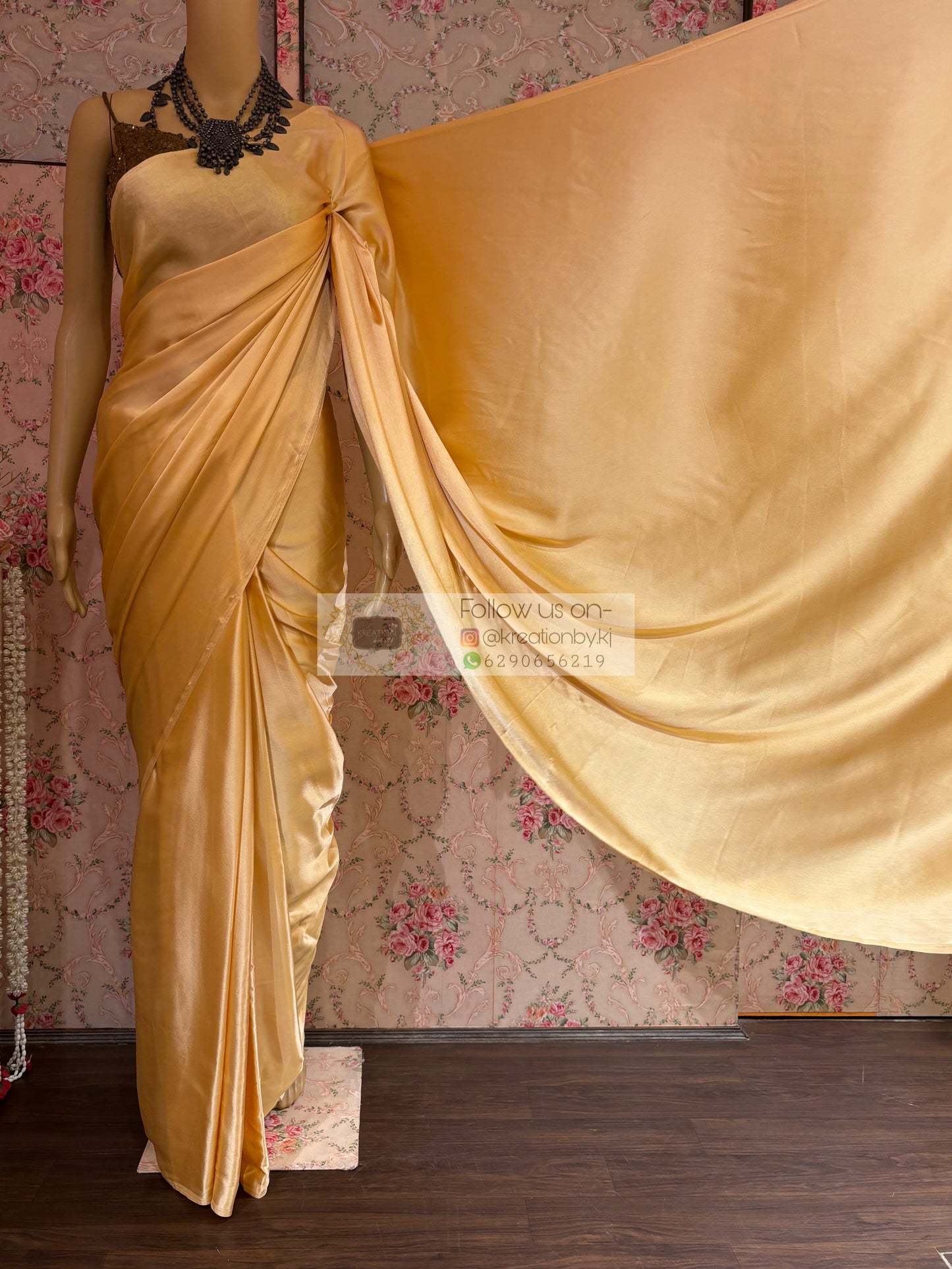 Tuscany Beige Satin Silk Saree with Handmade Tassels on Pallu kreationbykj