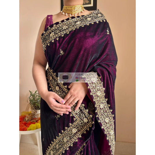 Dark Wine Velvet Zarina Saree Kreation by KJ