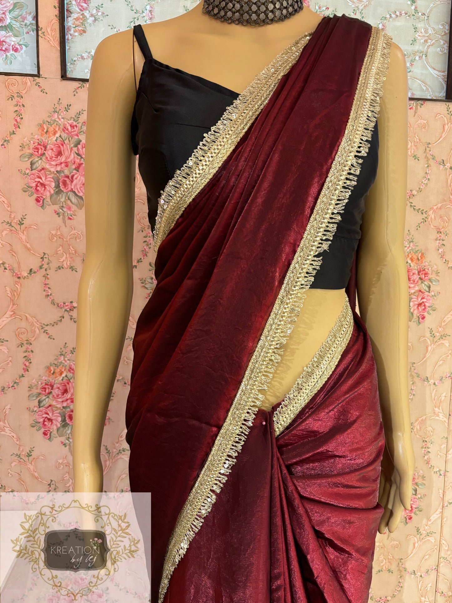 Cheery Wine Metallic Shimmer satin Banno Saree kreationbykj