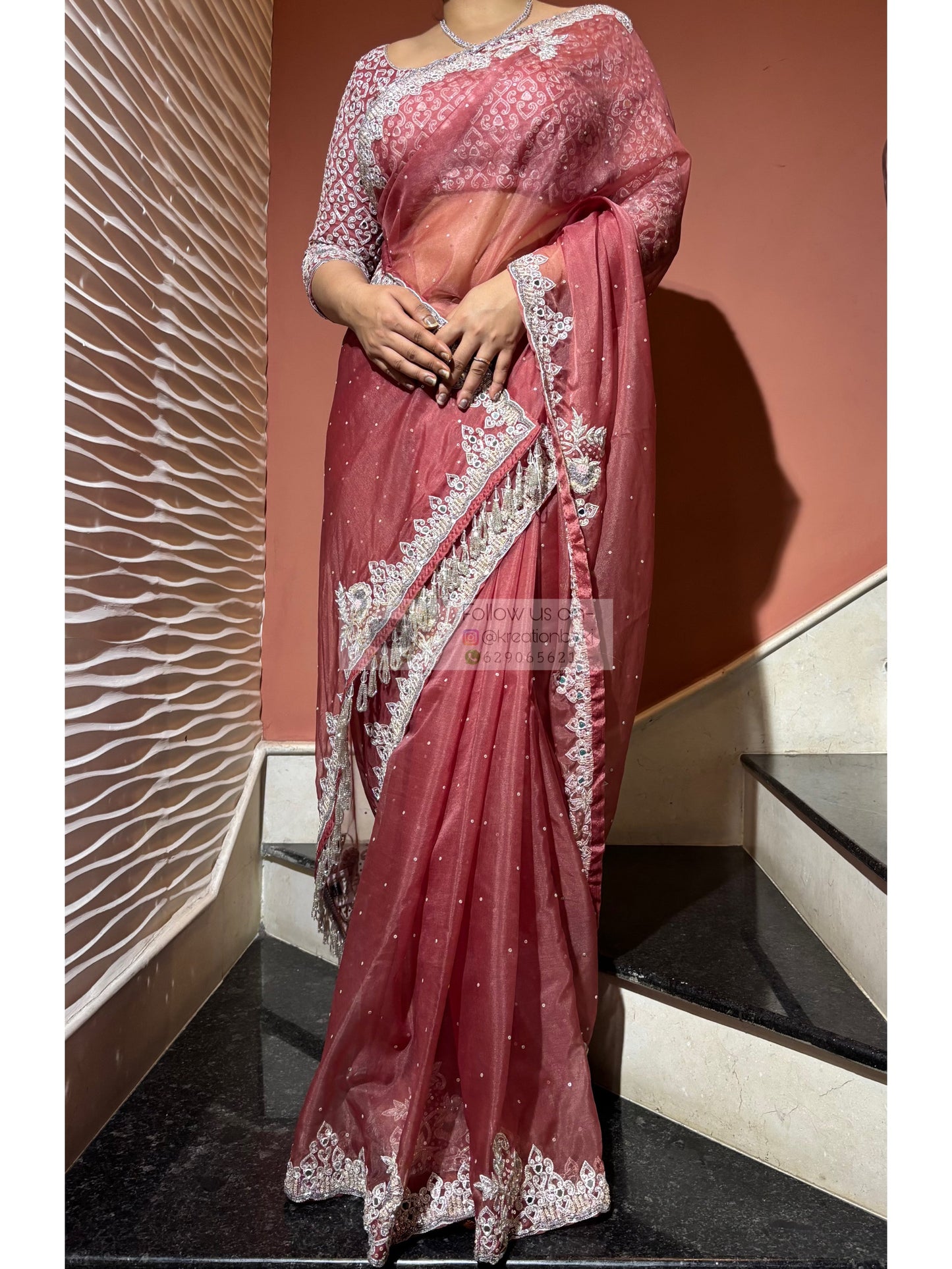 Salmon Pink Hand-Embroidered Saree with Heavy Work Blouse – Designer Wedding & Party Wear kreationbykj