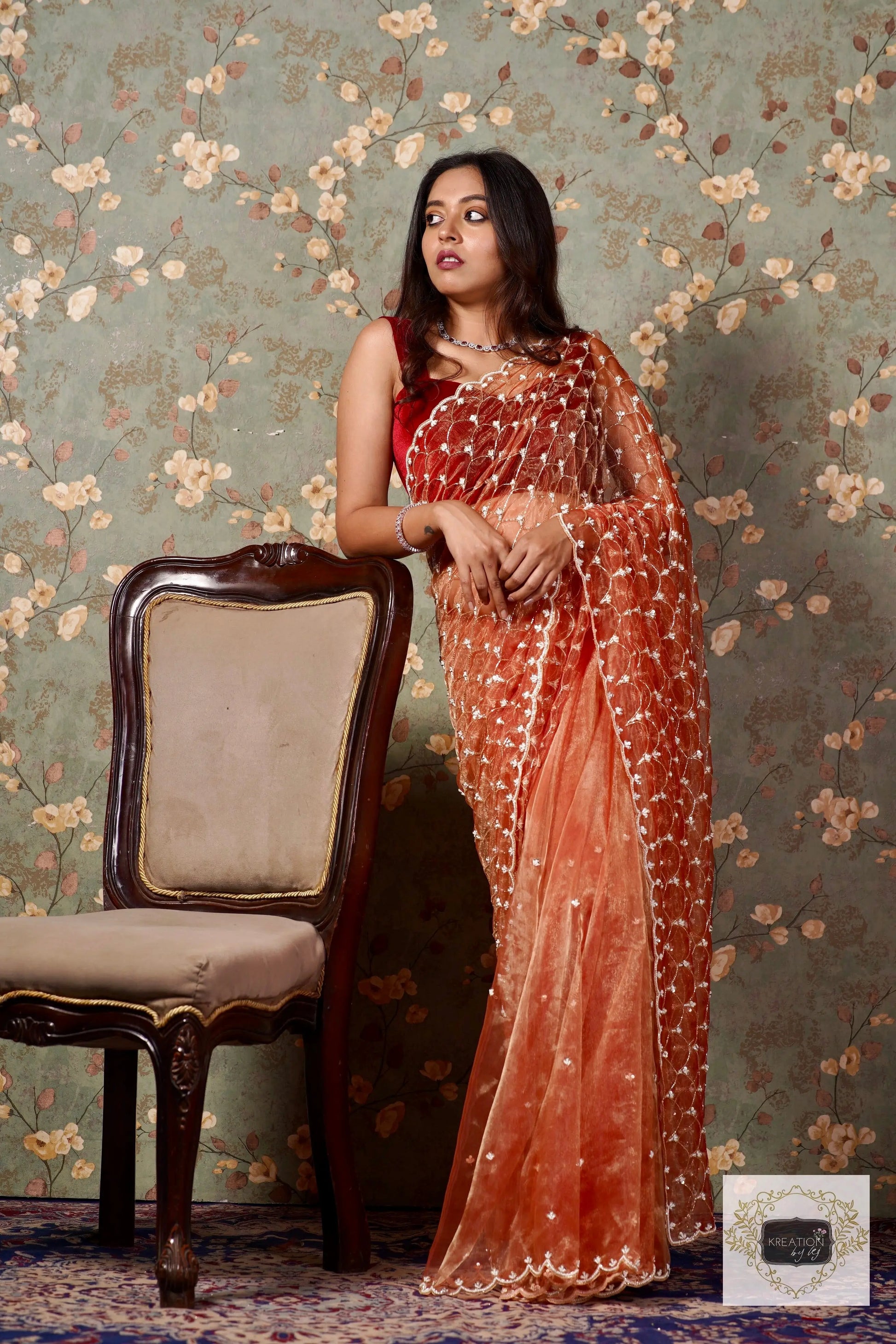Marigold Glass Tissue Mehraab Jaal Saree kreationbykj