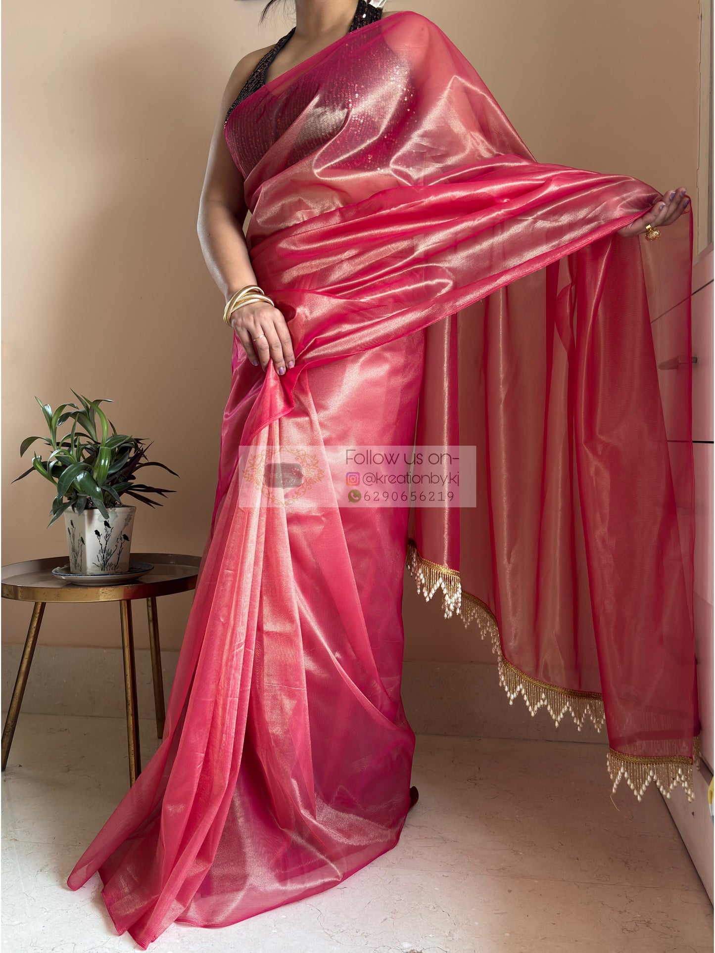Rose Pink Tissue Net Bridal  Saree kreationbykj