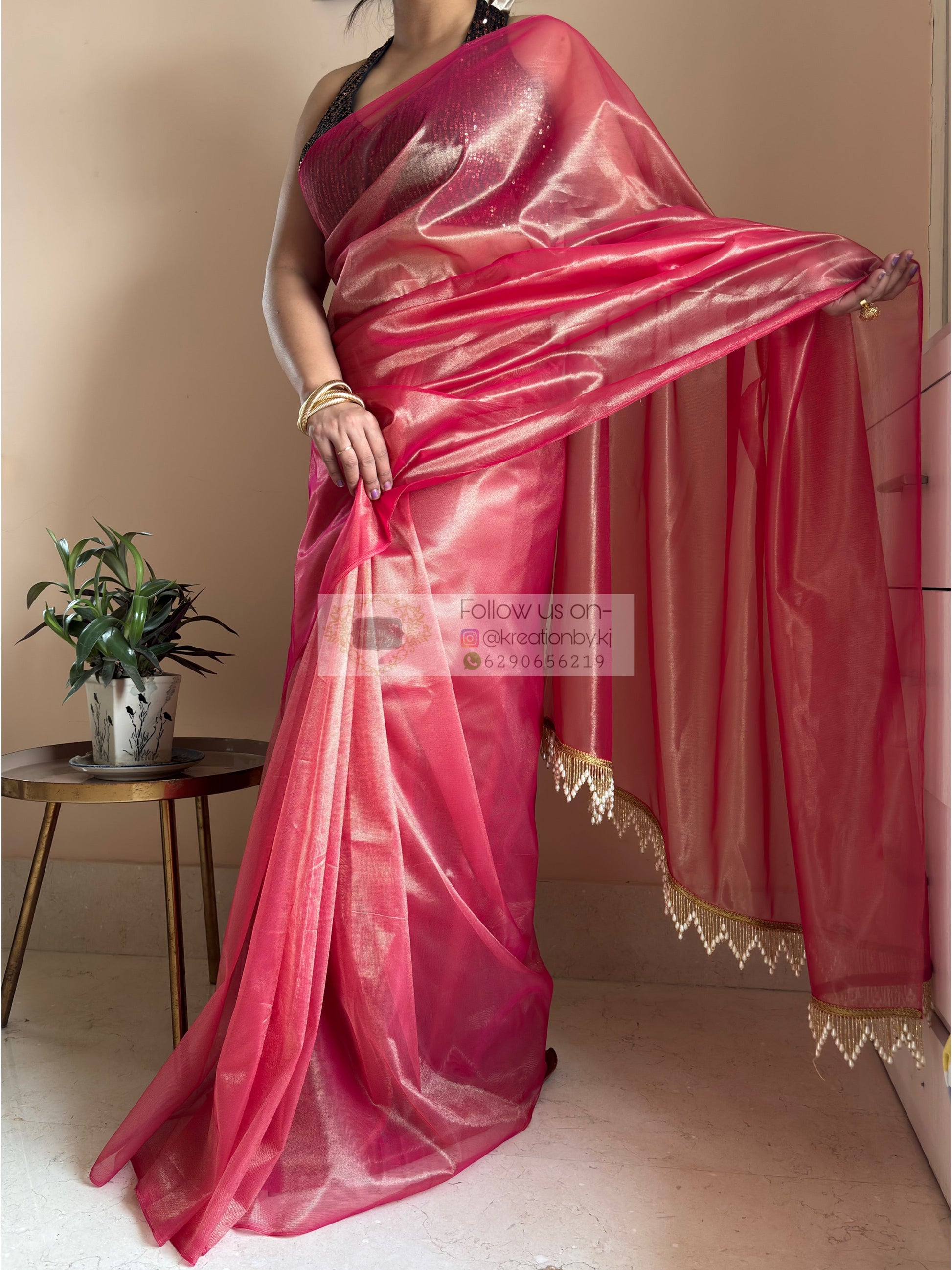 Rose Pink Tissue Net Bridal  Saree kreationbykj