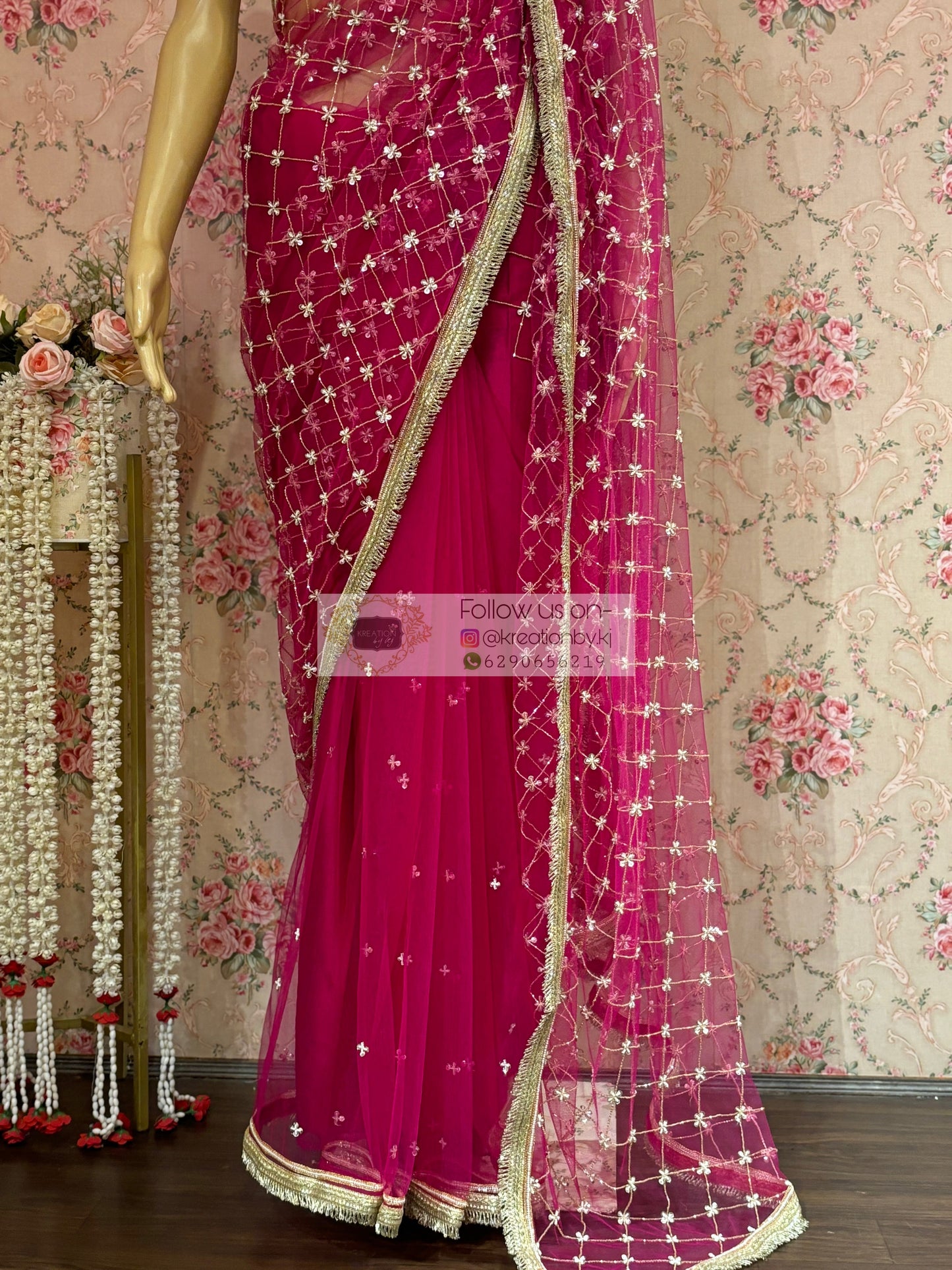 Hot Pink Cutdana Jaal Net Saree kreationbykj